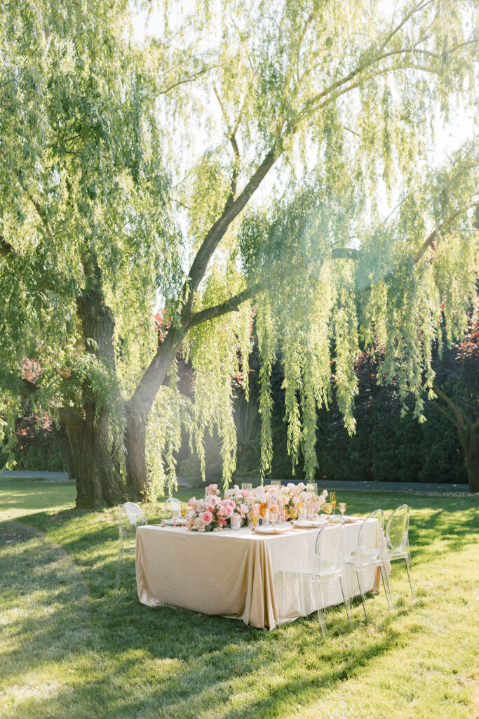 A promise garden pasco wedding reception table in the garden lawn under a willow tree