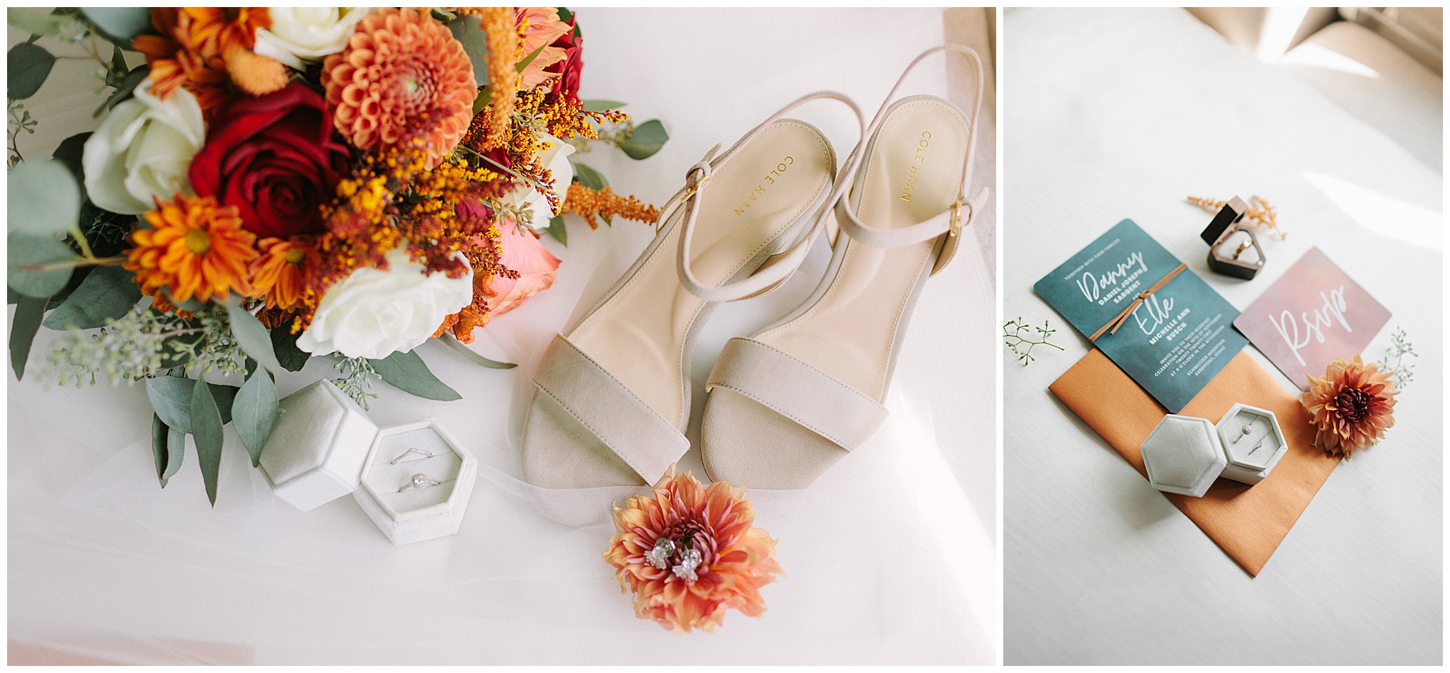 Bridal Details of shoes, jewelry and flowers on a white table