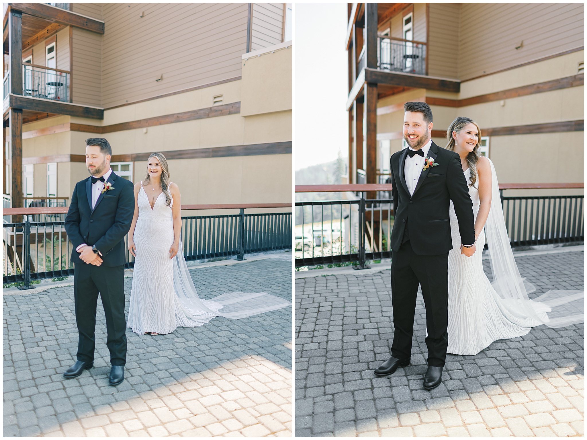 A bride and groom do their first touch with the groom's back to his bride on a patio