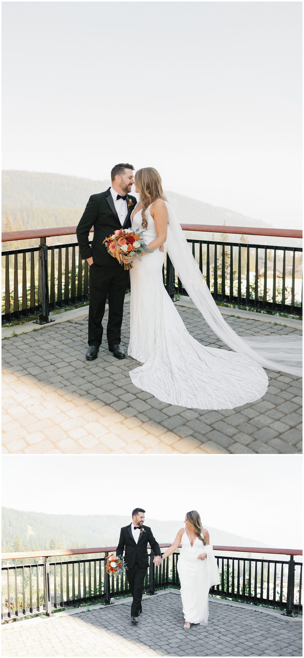 Newlyweds kiss on the patio of the Schweitzer Mountain Wedding venue and hold hands while walking