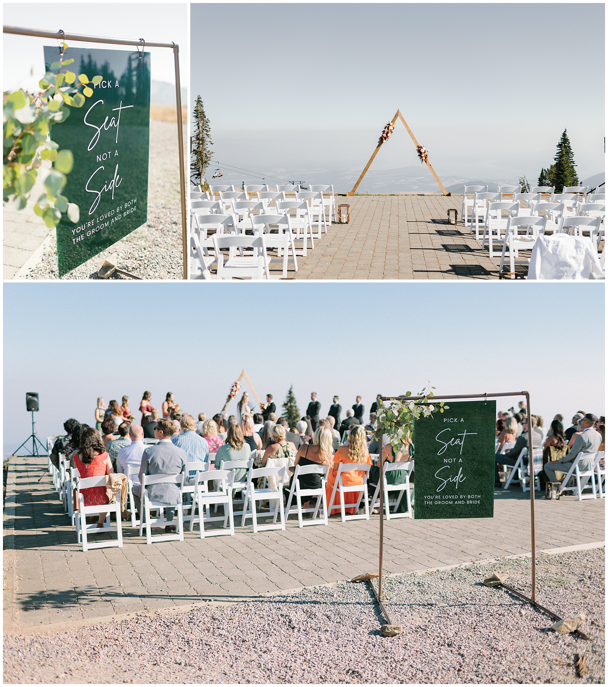 Details of a wedding reception outdoors on the edge of a mountain with a wooden triangle arbor and seat sign