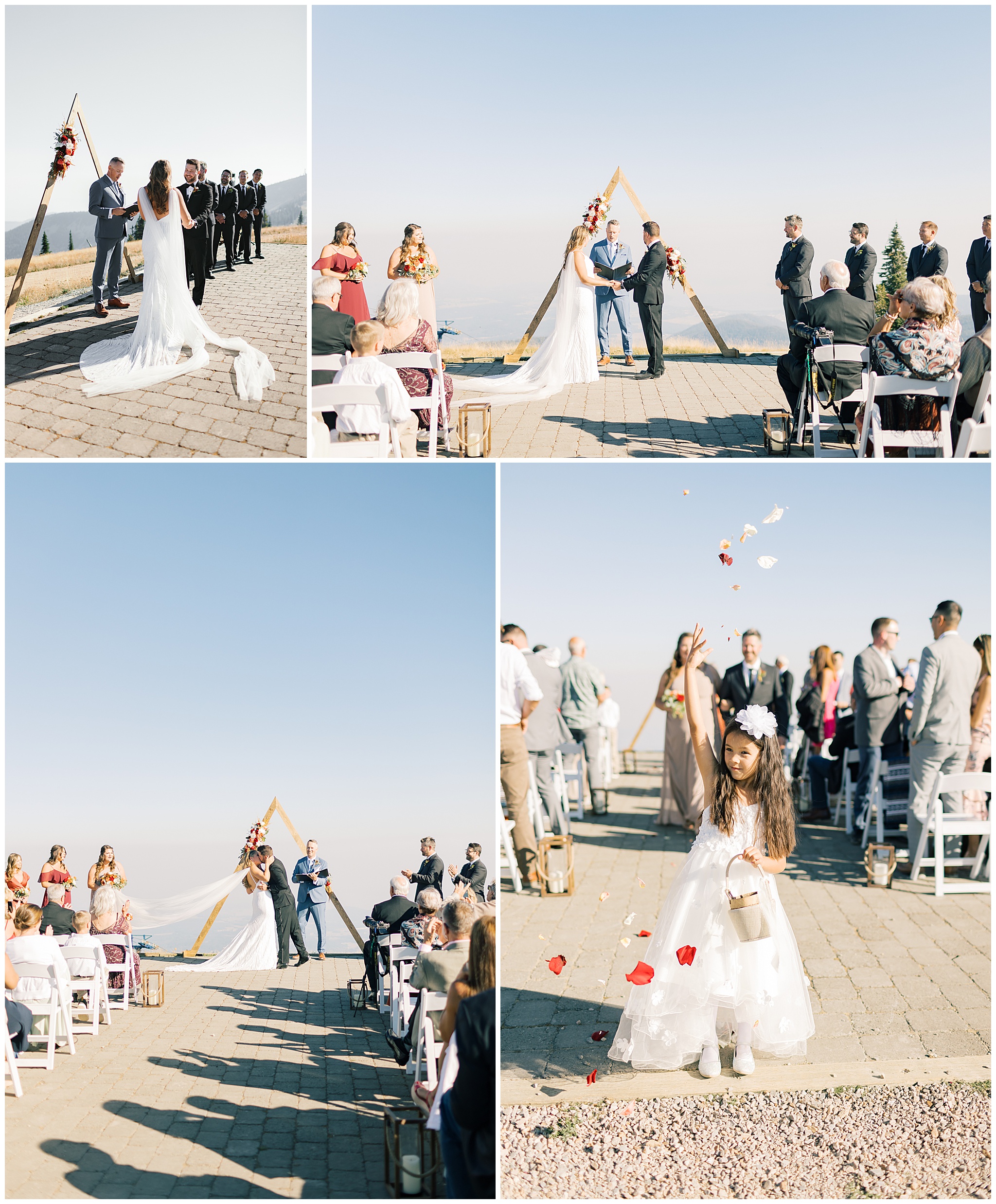 Multiple images of a Schweitzer Mountain Wedding ceremony with wooden arbor and flower girl in white dress