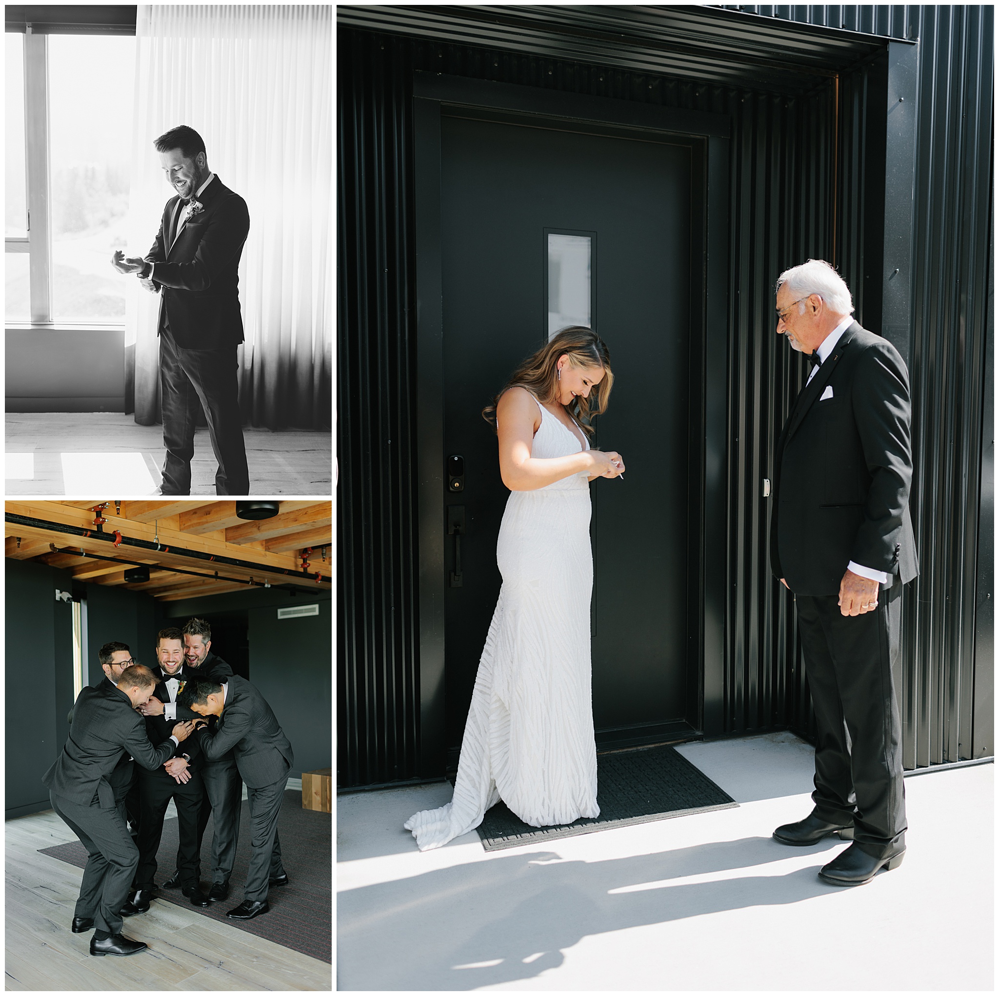 A daughter shows her father her dress on her Schweitzer Mountain Wedding day while her groom is hugged by groomsmen