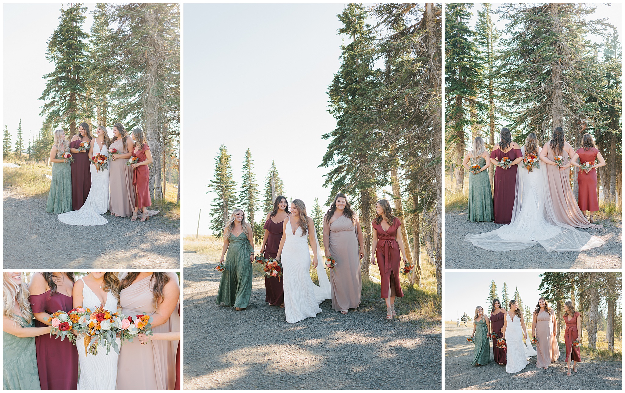 A bride walks and stands with her bridesmaids in multicolor dresses holding their matching colorful bouquets