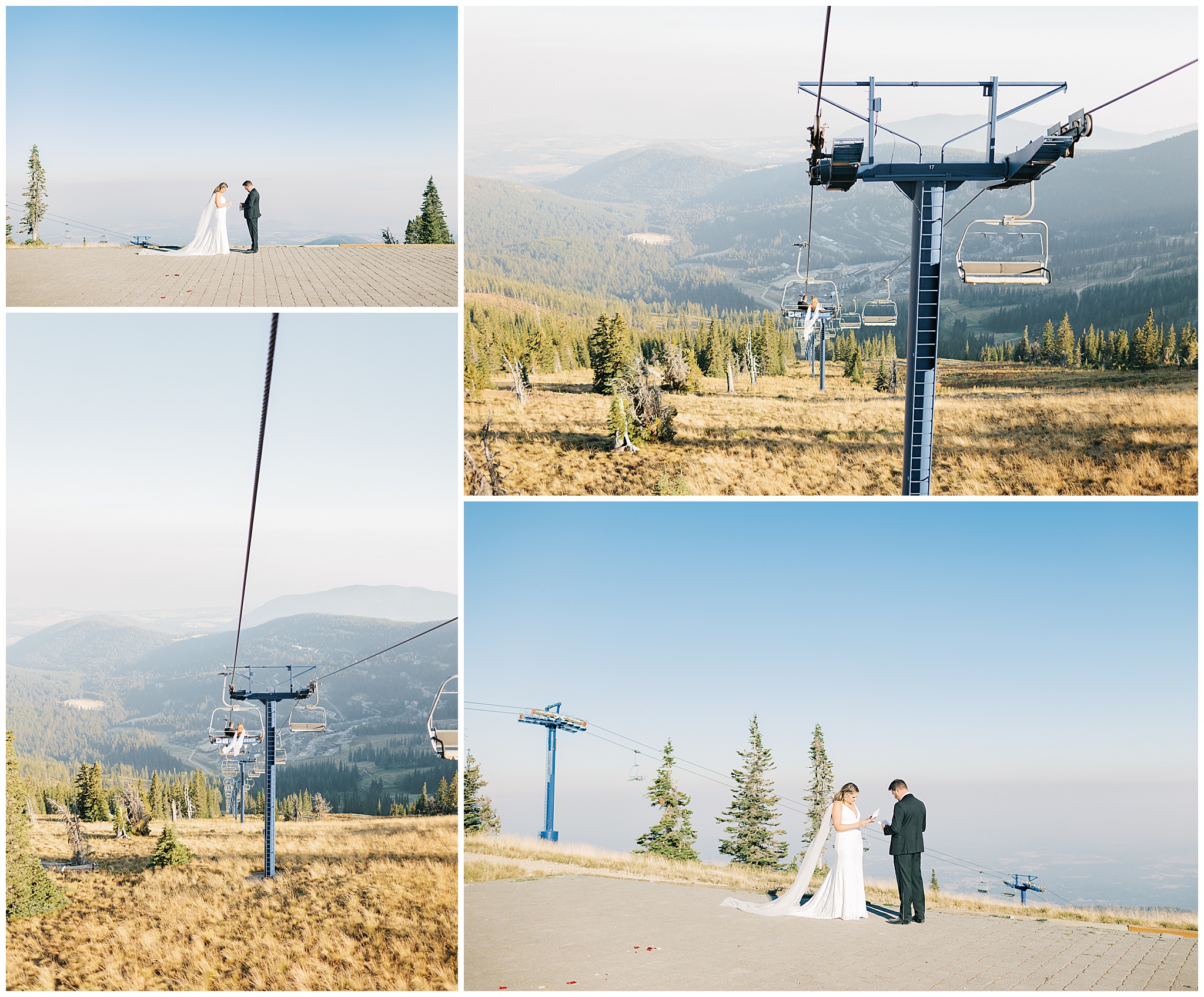 Newlyweds ride a ski lift and read each other's letters together at the top of a mountain