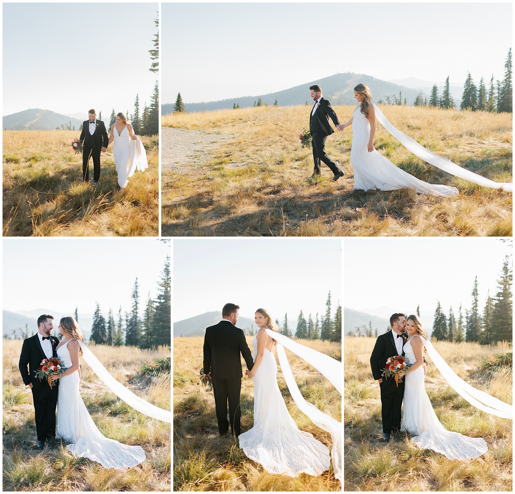 A bride and groom hold hands, hug and walk in a field of tall golden grass at sunset