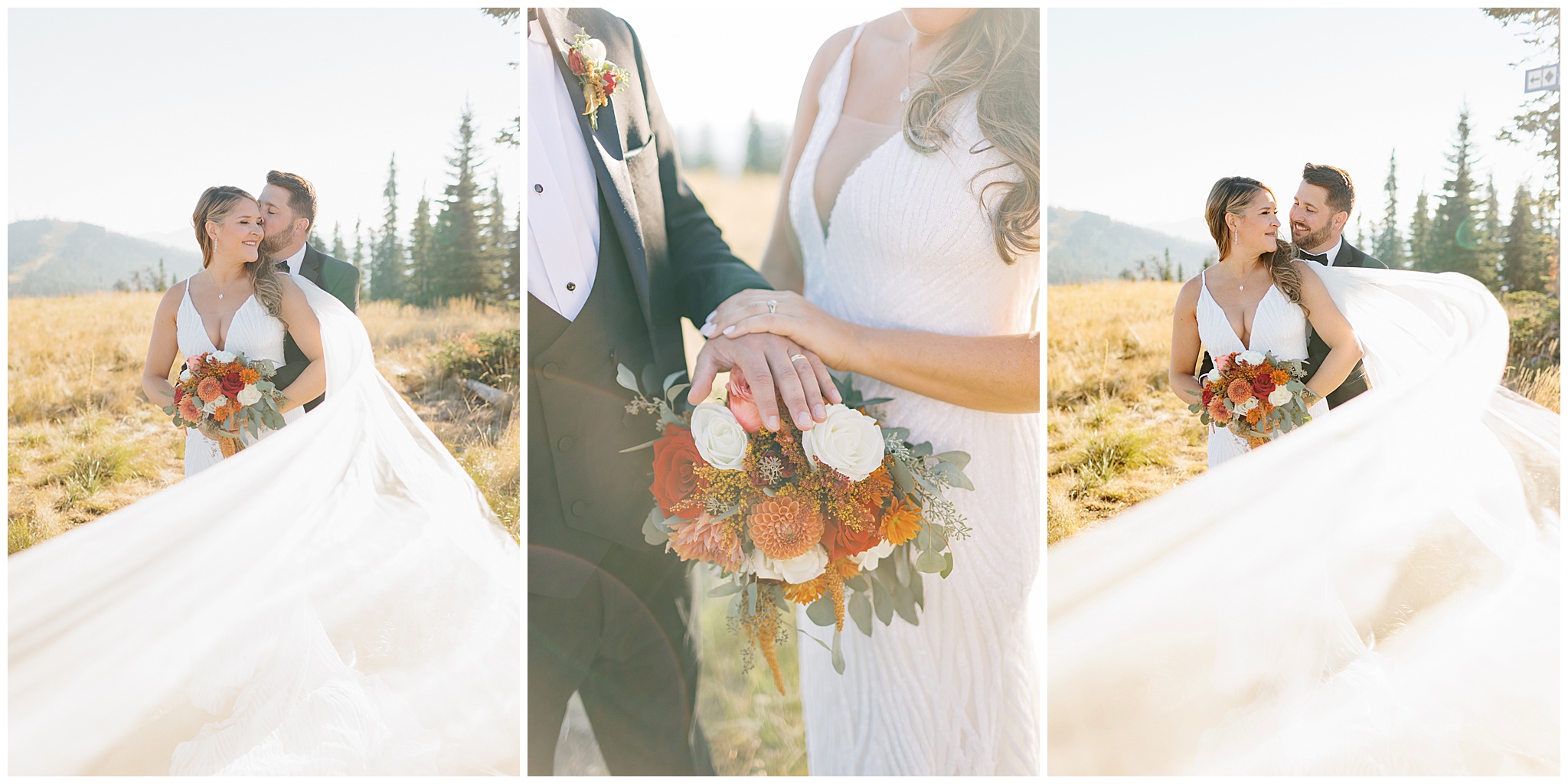 Newlyweds hug and kiss while standing in a mountain pasture as the veil flows around them at their Schweitzer Mountain Wedding