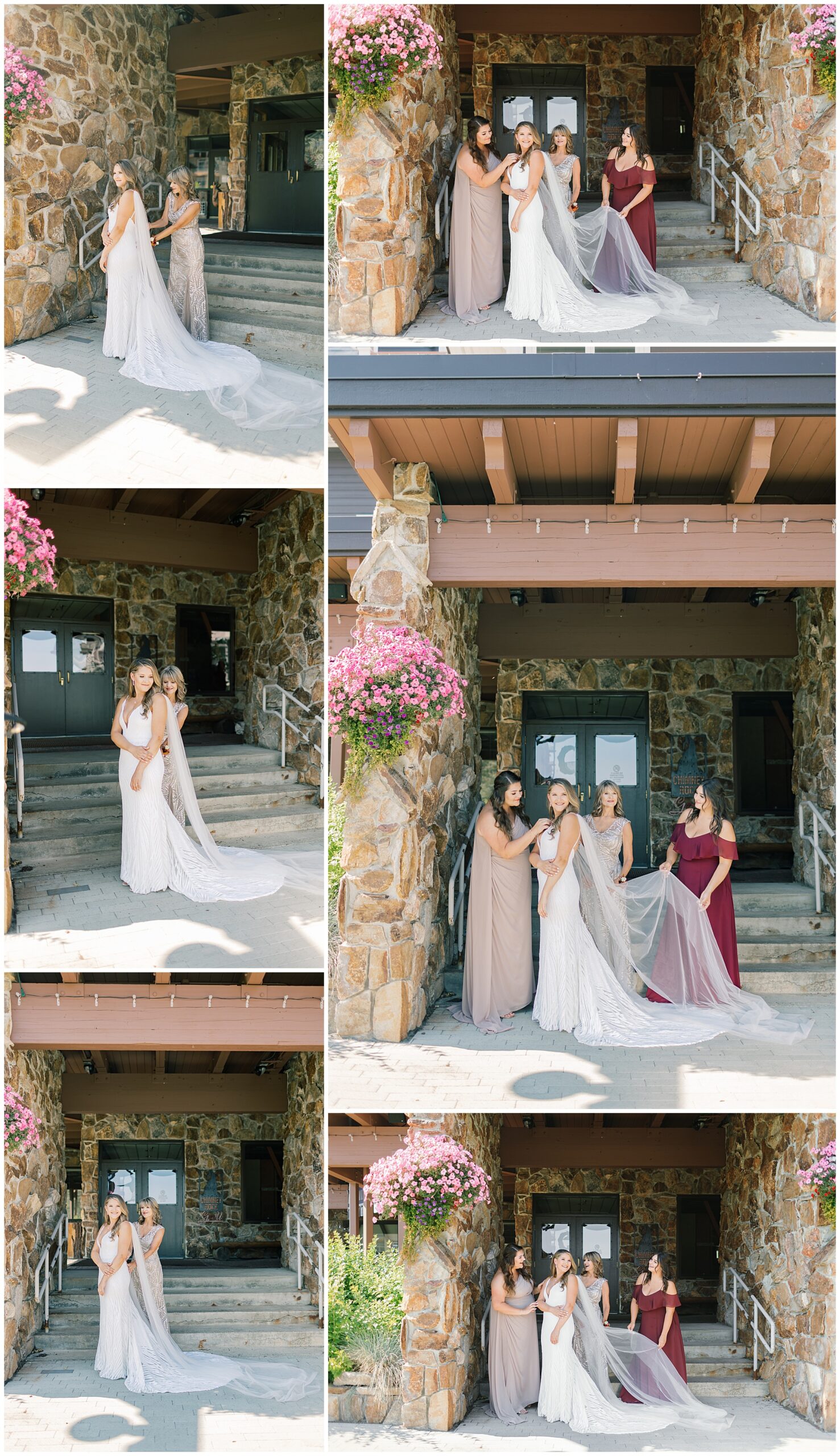 A bride is admired and helped by her mom and bridesmaids on stone stairs