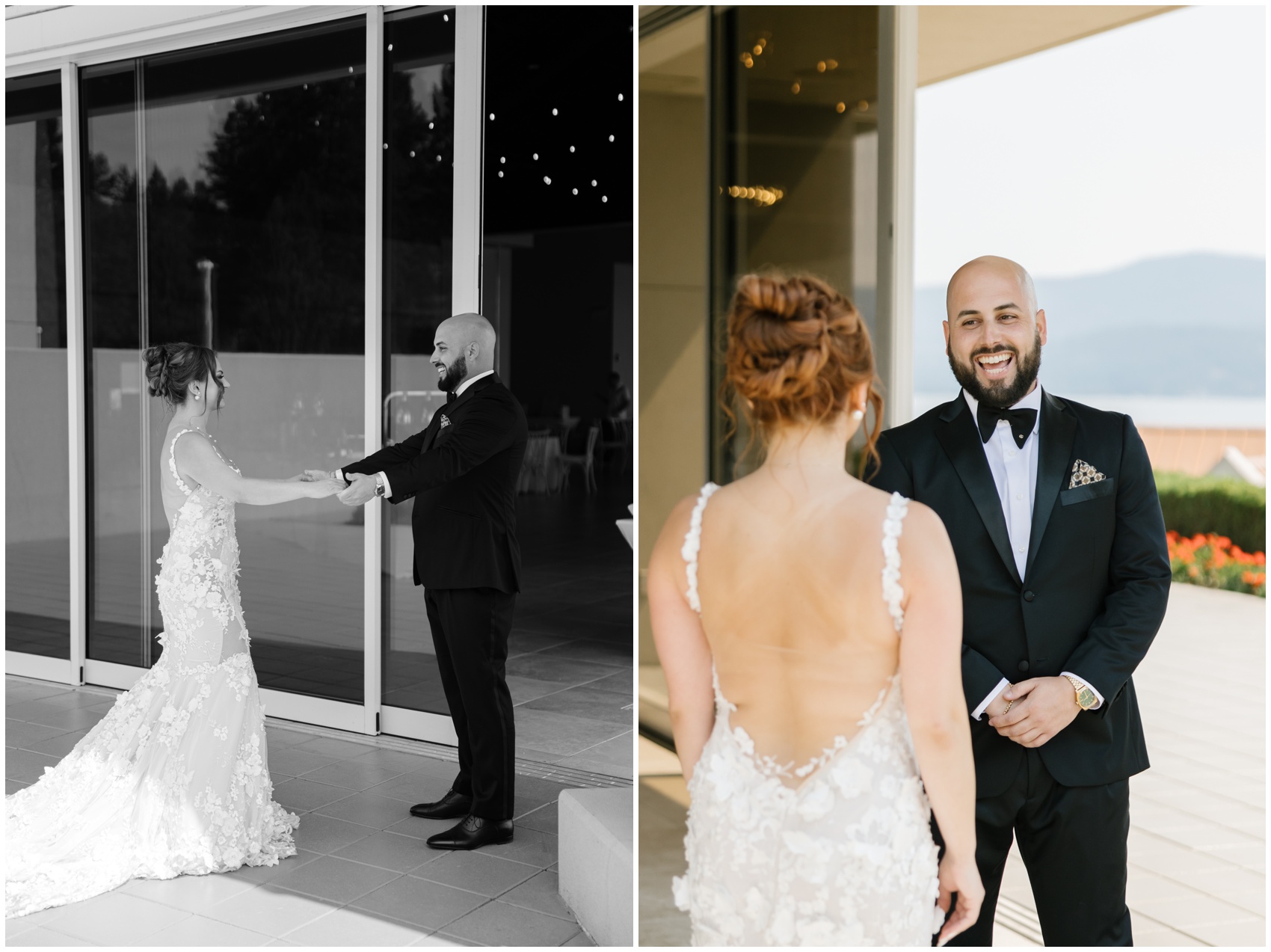 A groom in a black tux smiles big while seeing his bride on a porch after deciding between first look vs first touch