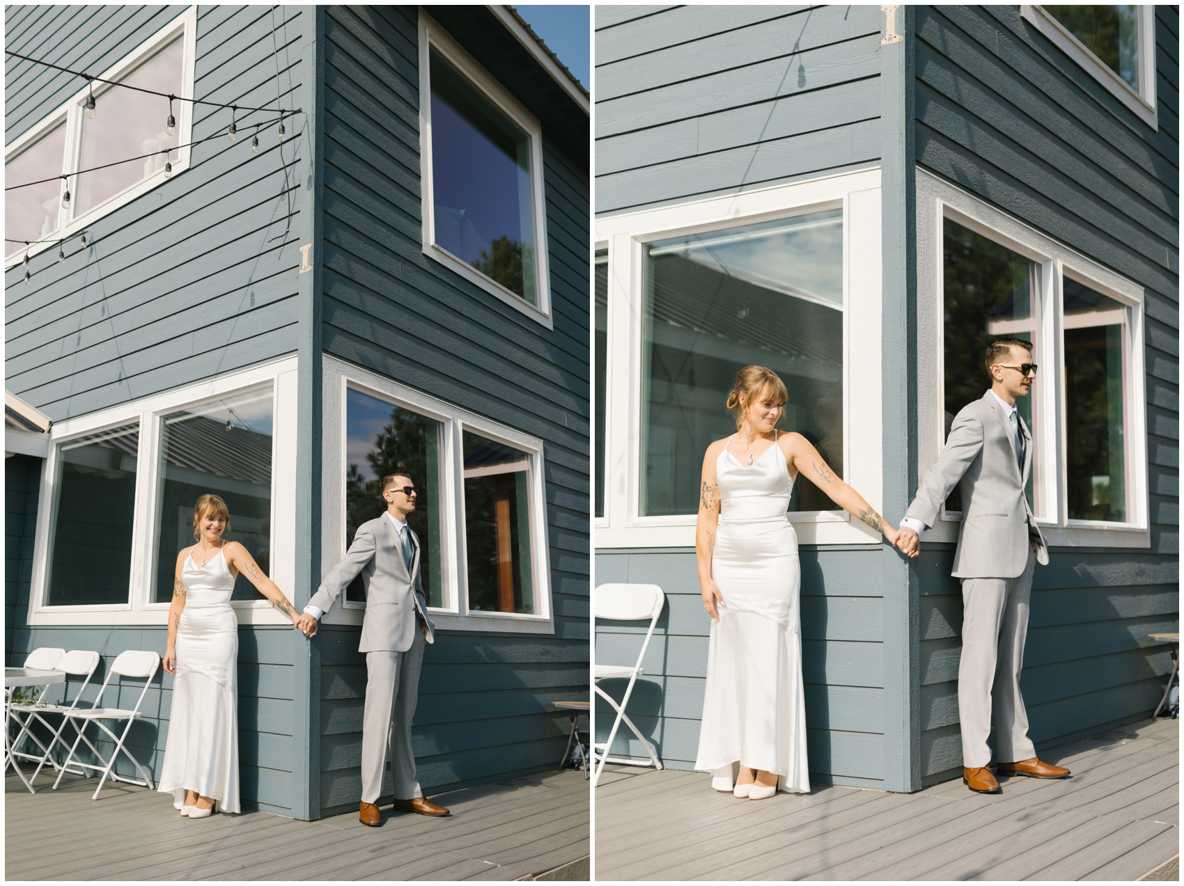 A bride and groom smile big while holding hands around a corner after decided between first look vs first touch