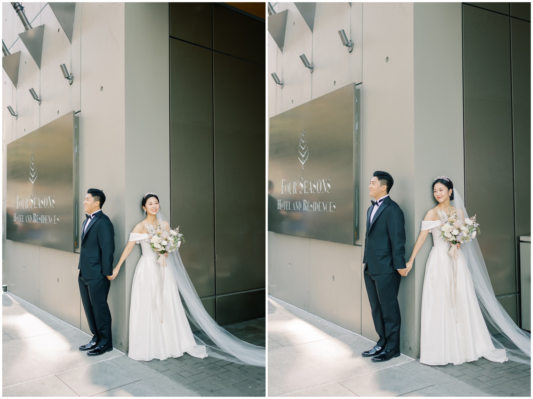 Newlyweds touch hands around a corner with big smiles after deciding between first look vs first touch