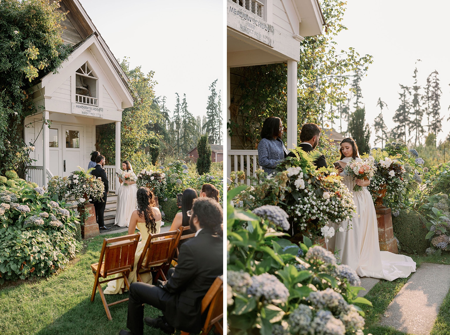 A bride and groom read their vows on the Christianson’s Nursery wedding venue porch steps at sunset