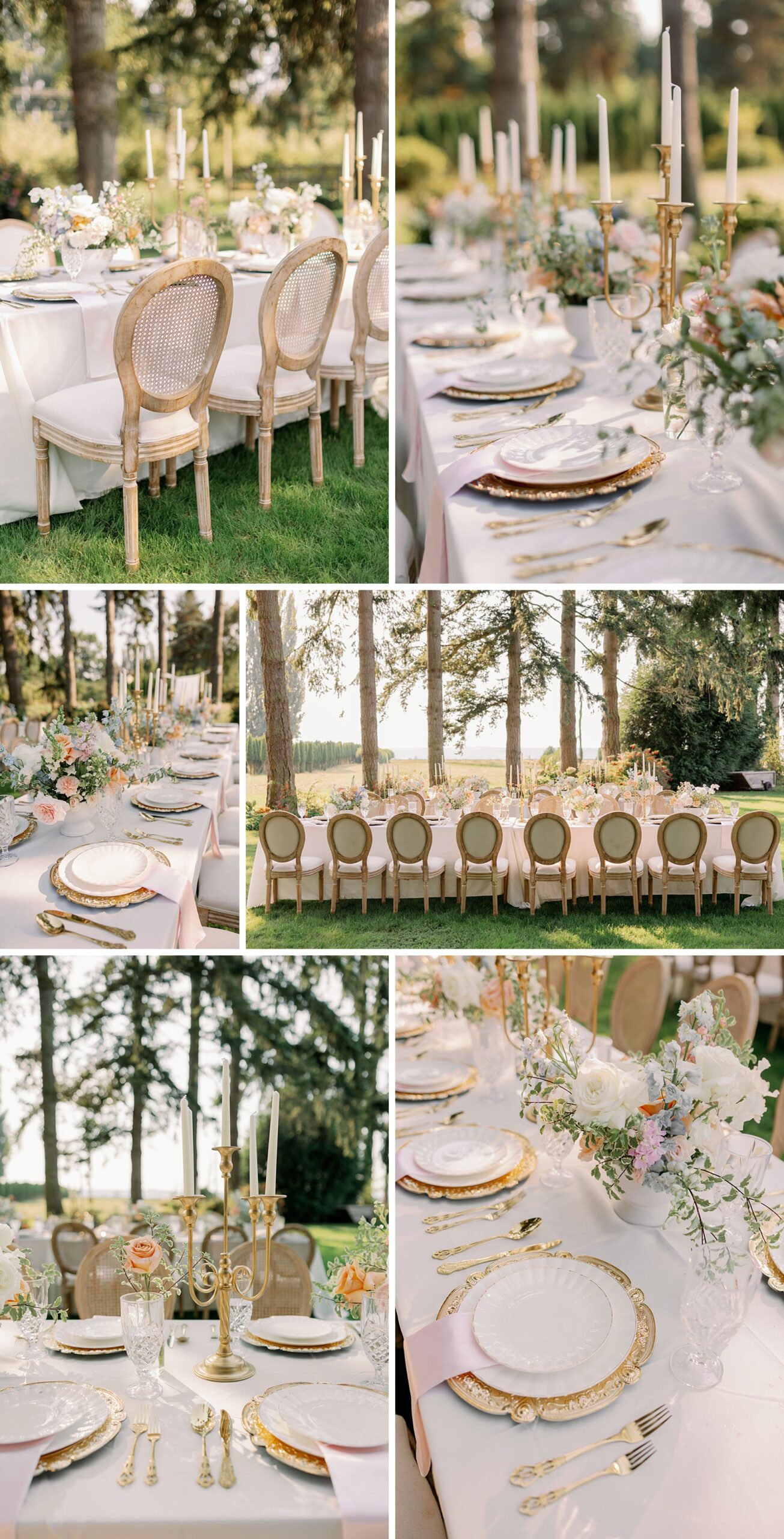 Details of a Christianson’s Nursery wedding reception with gold silverware and white linen