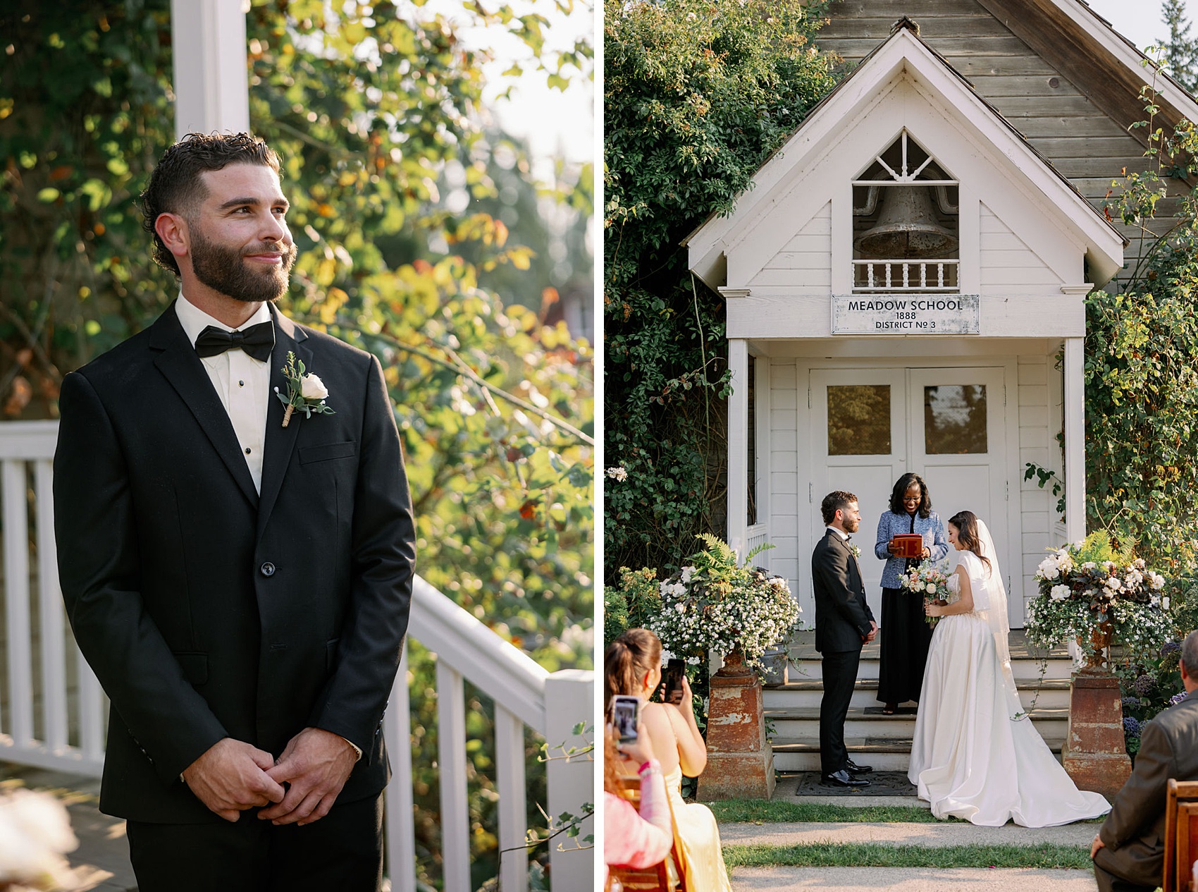 A groom smiles big waiting for his bride next to them both under the porch of the meadow school during their ceremony