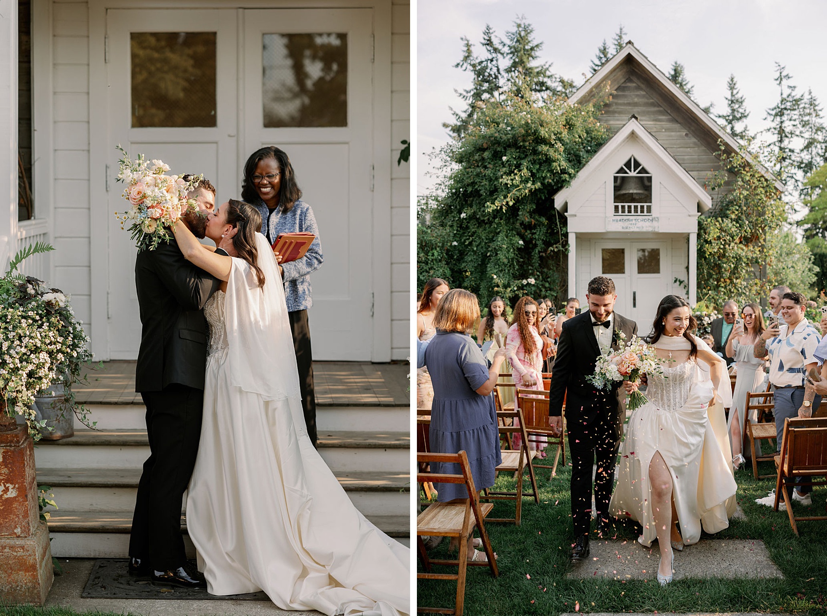 NEwlyweds kiss and smile big while exiting their Christianson’s Nursery wedding ceremony at sunset