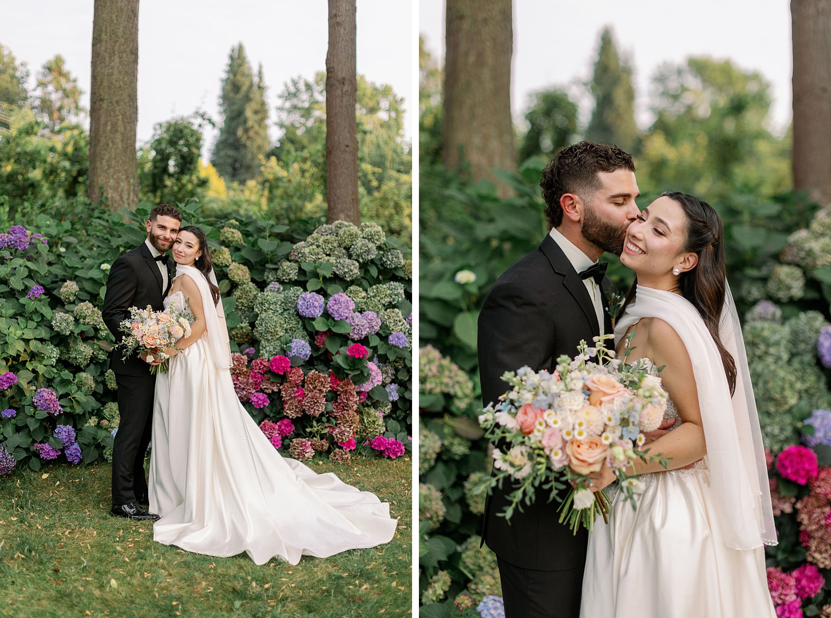 Newlyweds kiss and laugh in a garden at sunset with colorful flowers during their Christianson’s Nursery wedding