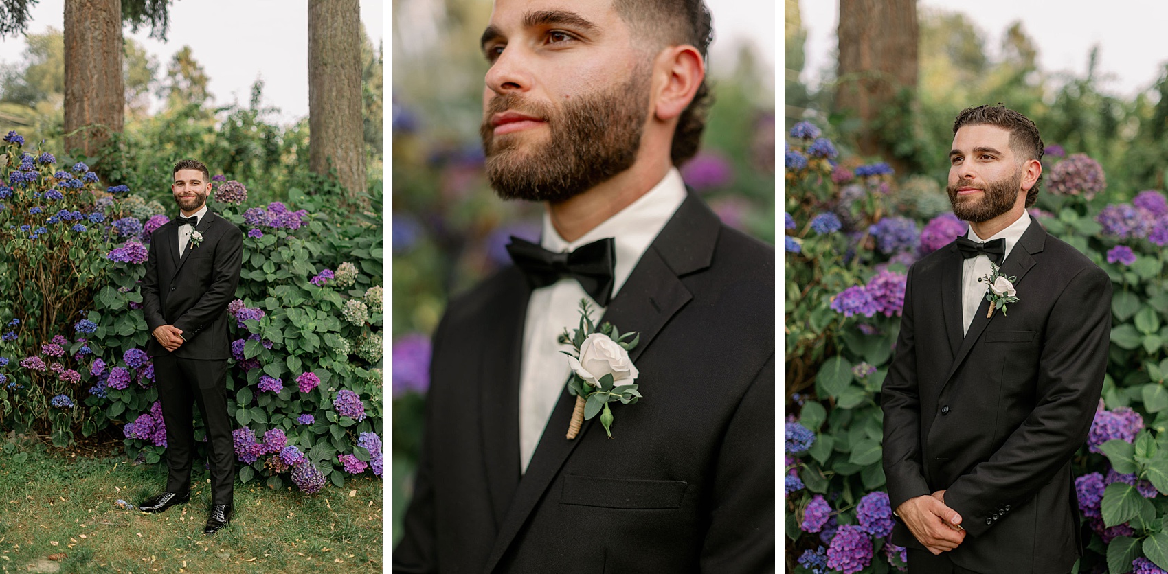 A groom stands in his black tuxedo at sunset in a purple flower garden