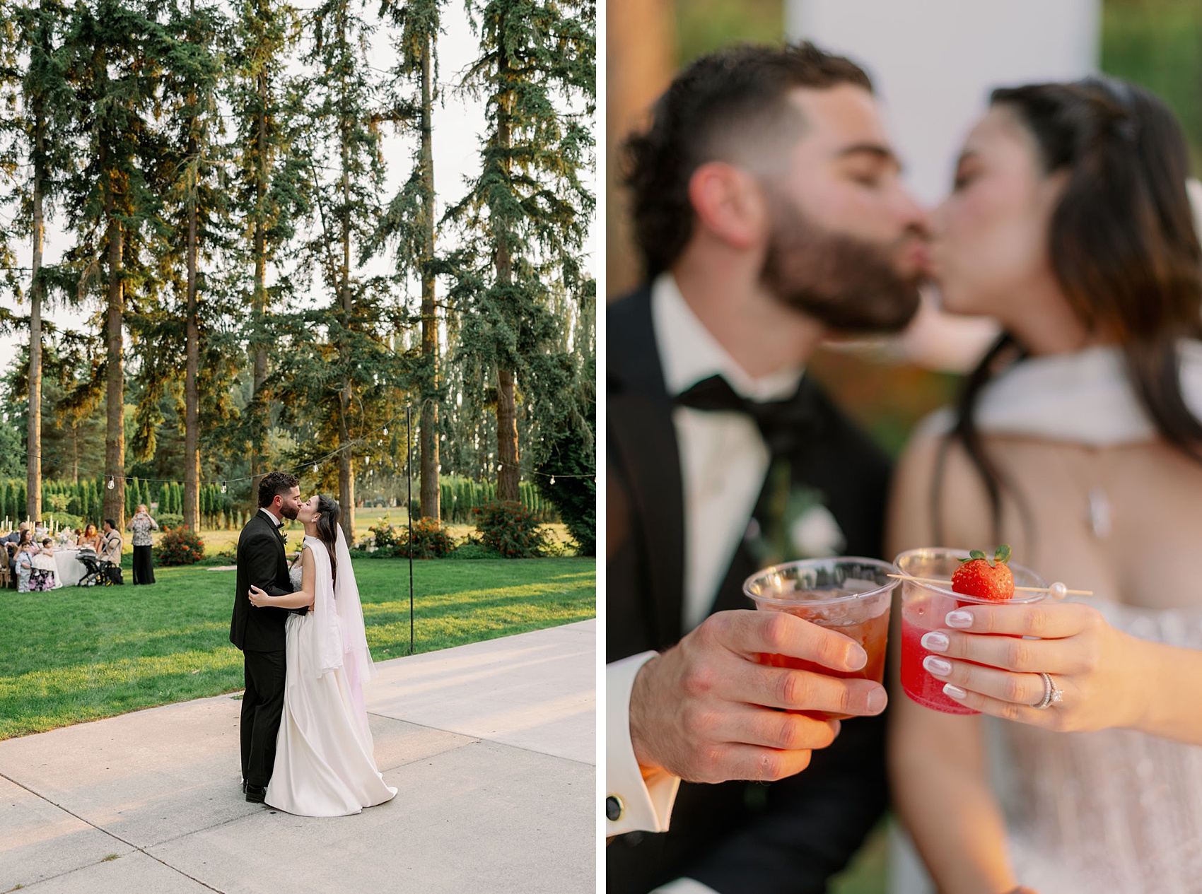 Newlyweds kiss on the dance floor during their first dance next to them toasting red drinks and kissing