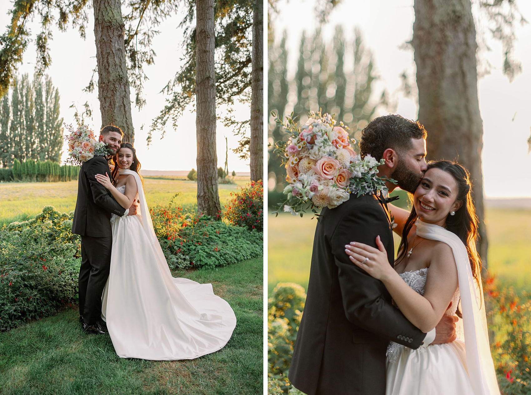 A happy bride is kissed on the temple by her groom at sunset while holding her pink bouquet around his neck