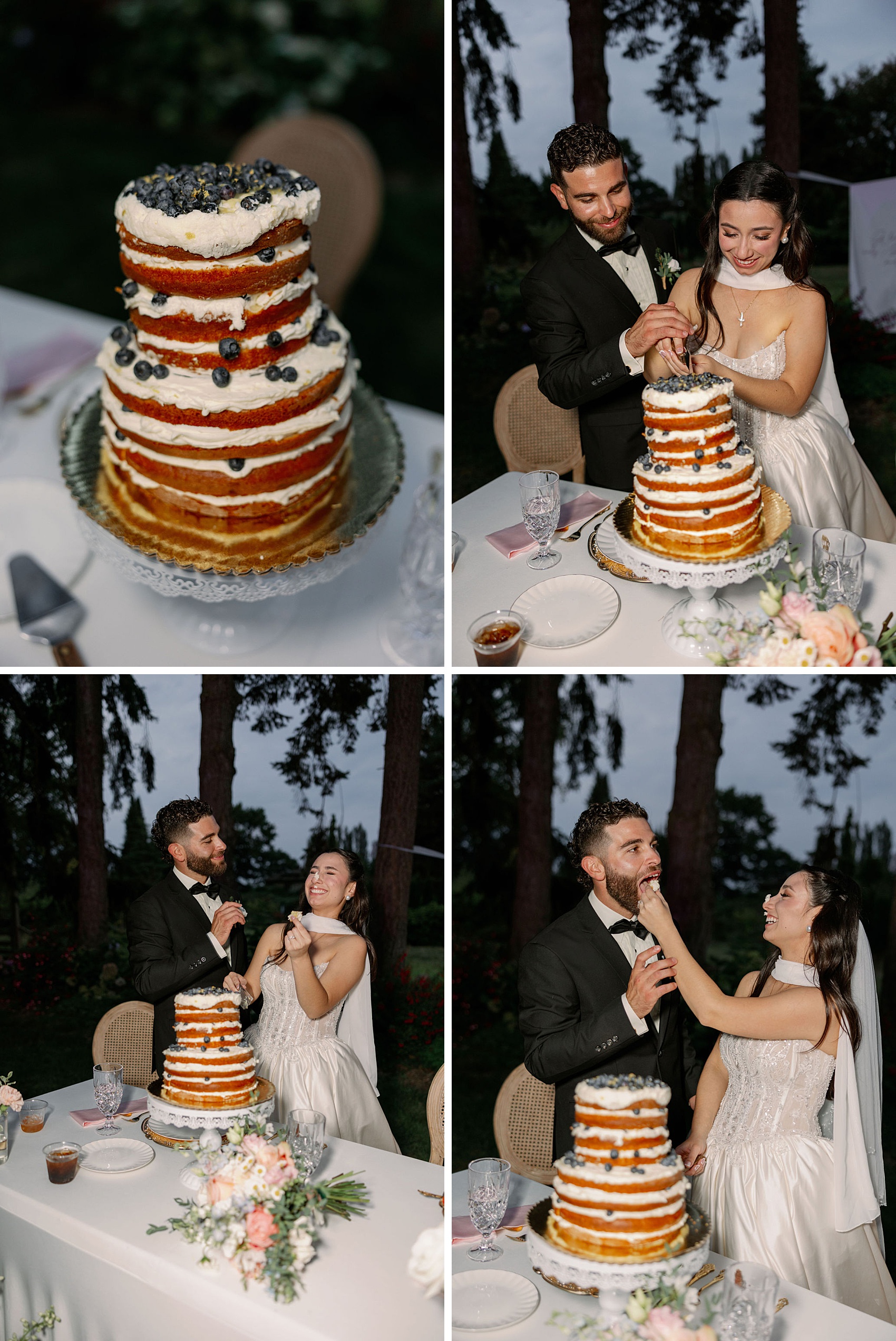 Details of newlyweds cutting their unique naked cake and feeding each other