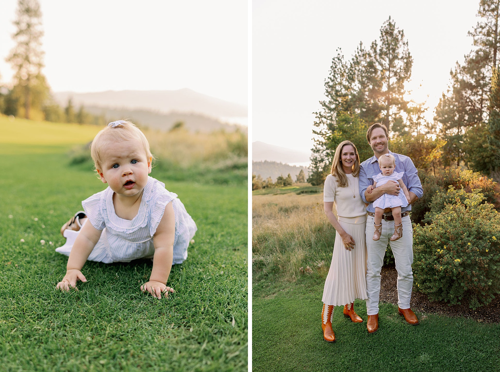 Smiling new parents stand by a forest at sunset on a hillside at Gozzer Ranch