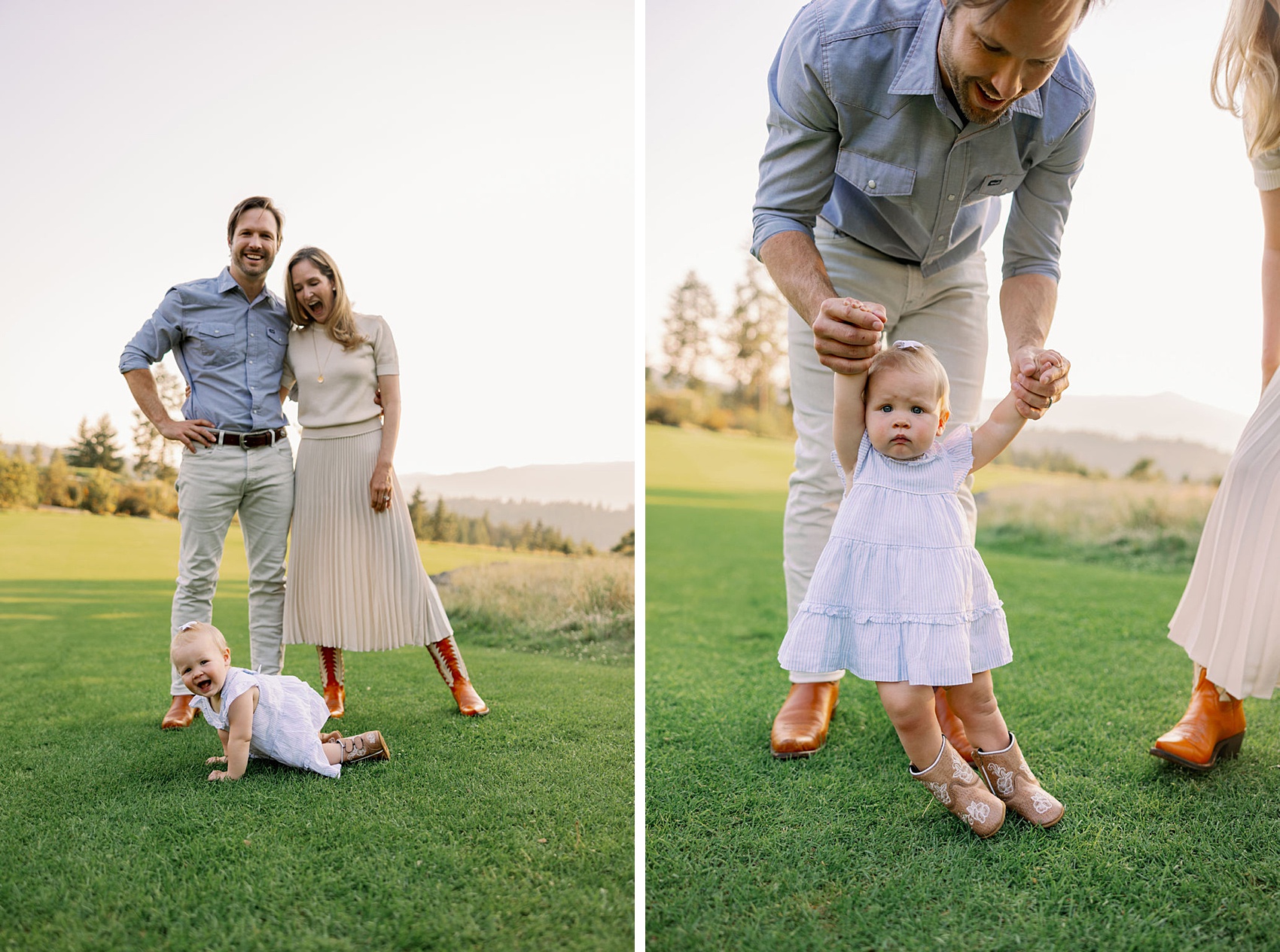 Laughing mom and dad play and laugh with their toddler daughter in a fairway at Gozzer Ranch