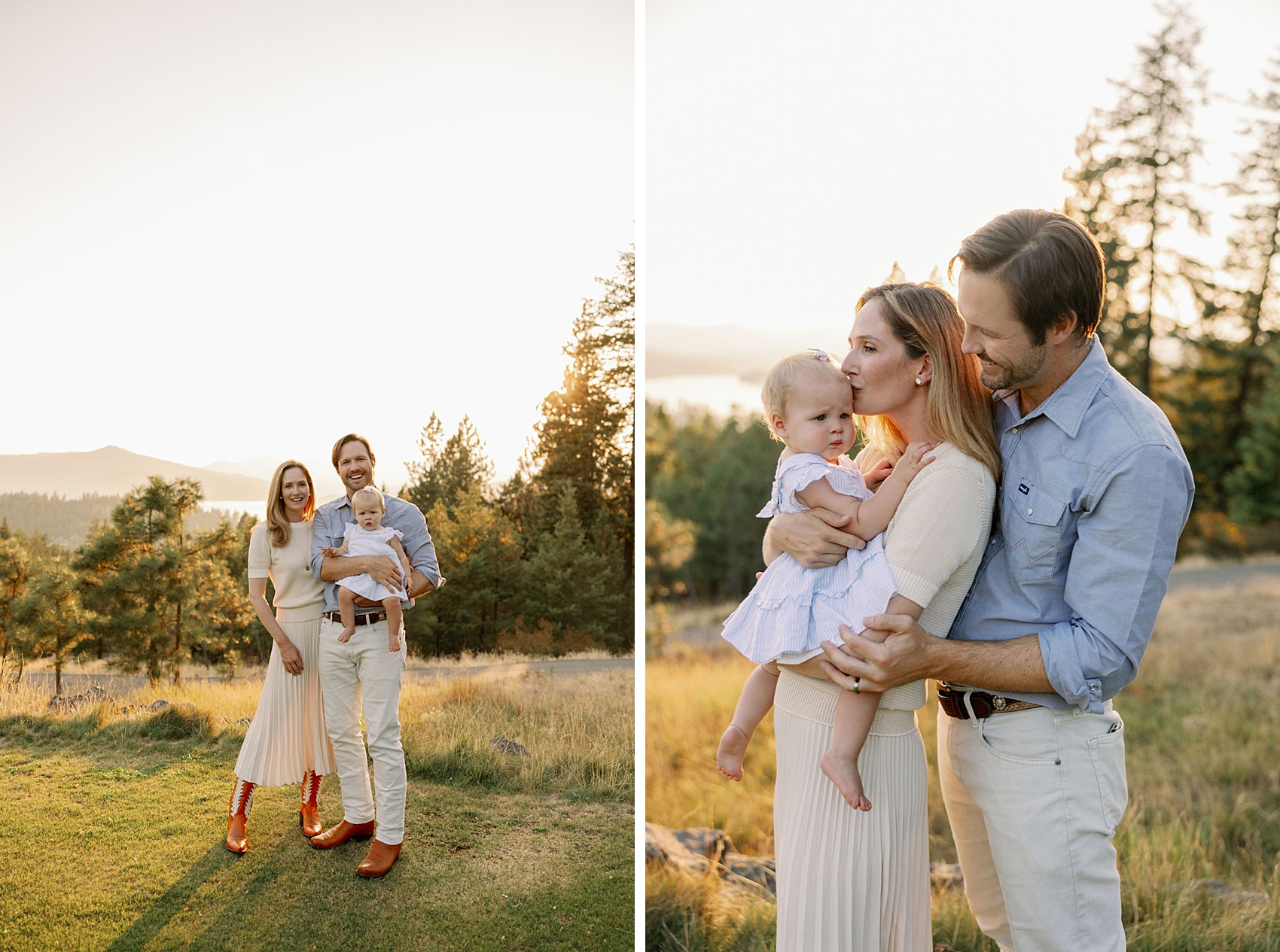 A smiling couple kiss and play with their toddler daughter in their arms at sunset overlooking a lake