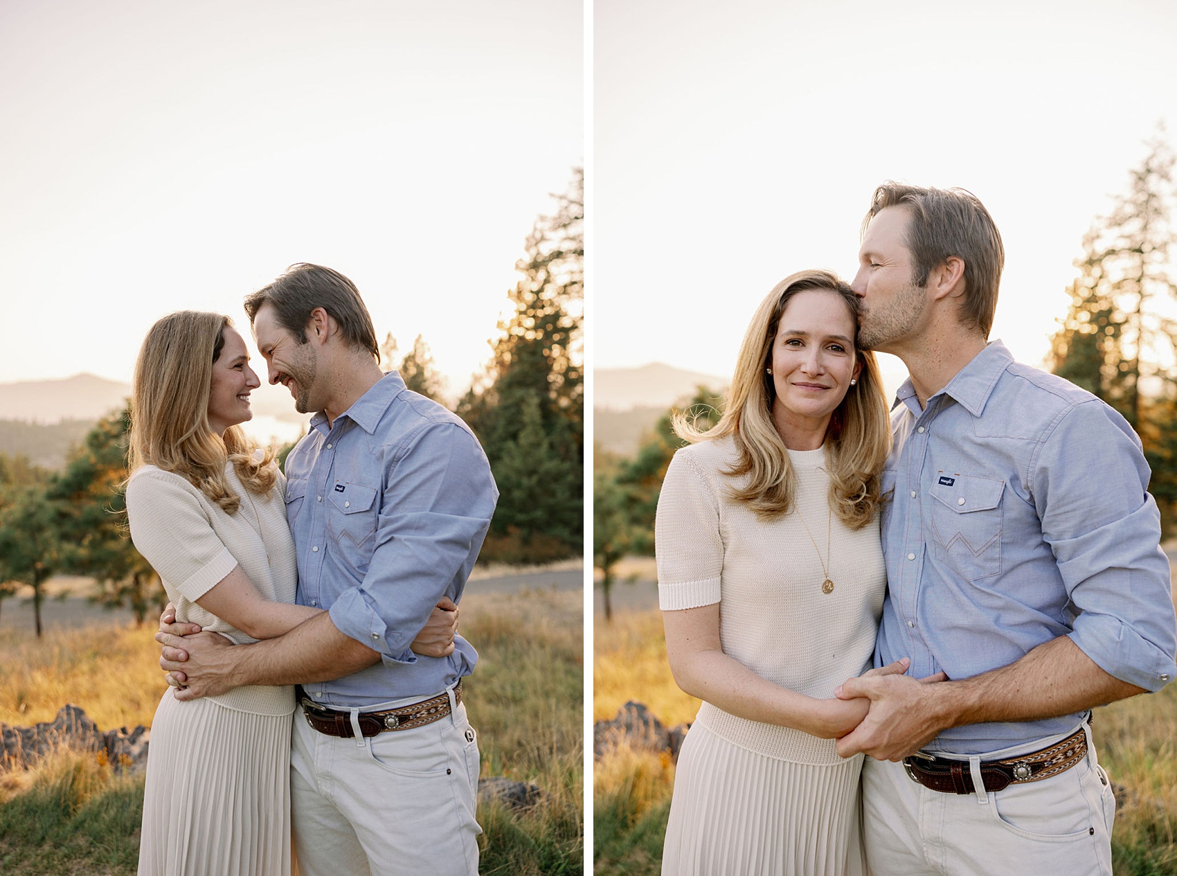 Happy couple laugh at each other while embracing on a hillsie at sunset in cream and blue at Gozzer Ranch