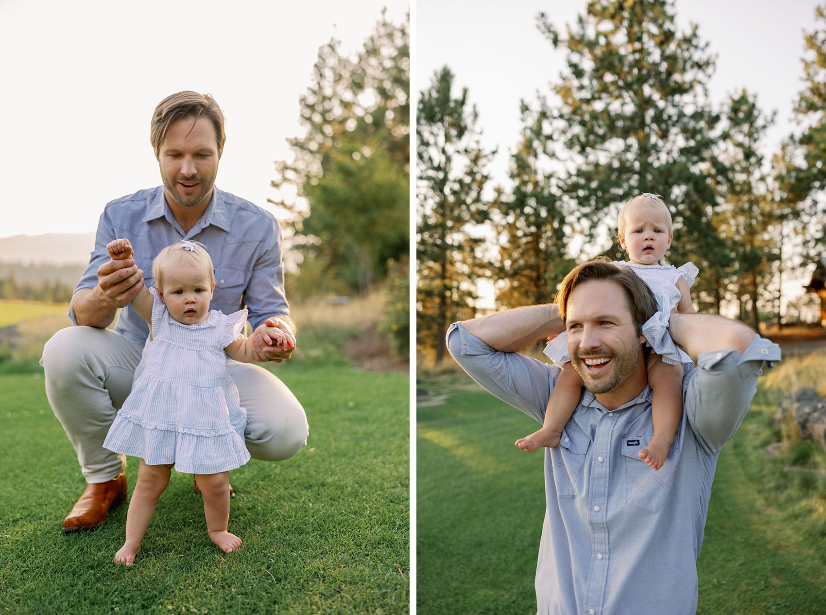 A happy dad plays with his toddler in a blue dress in a field at sunset on his shoulders and dancing
