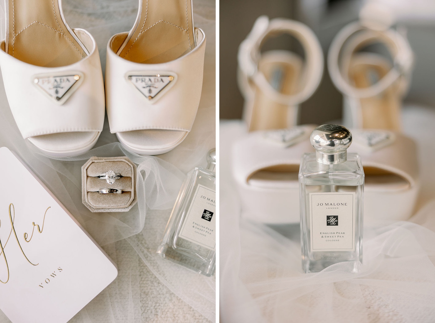 Bridal details on a chair with perfume, shoes and rings