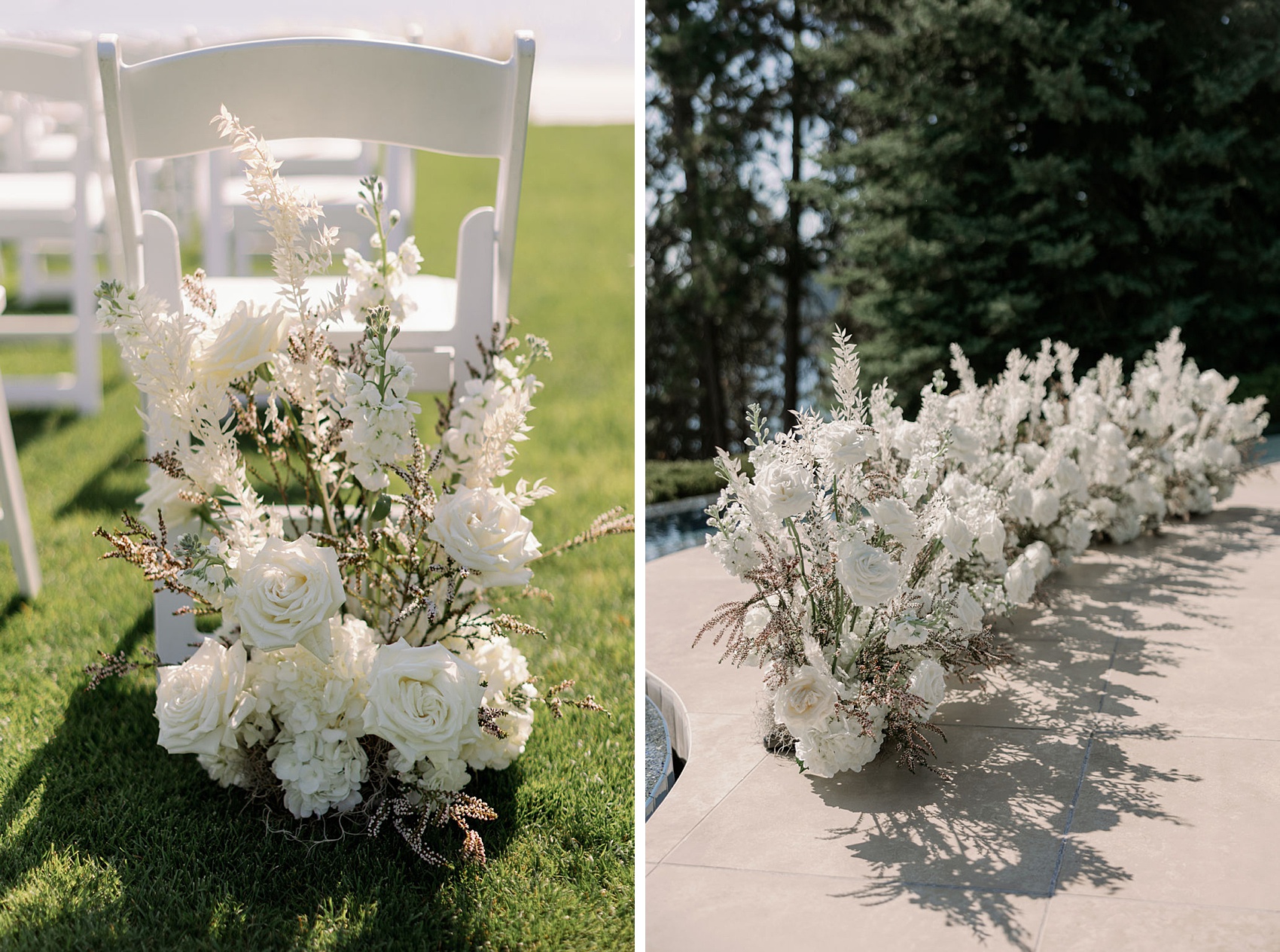 Details of white rose floral displays around a wedding