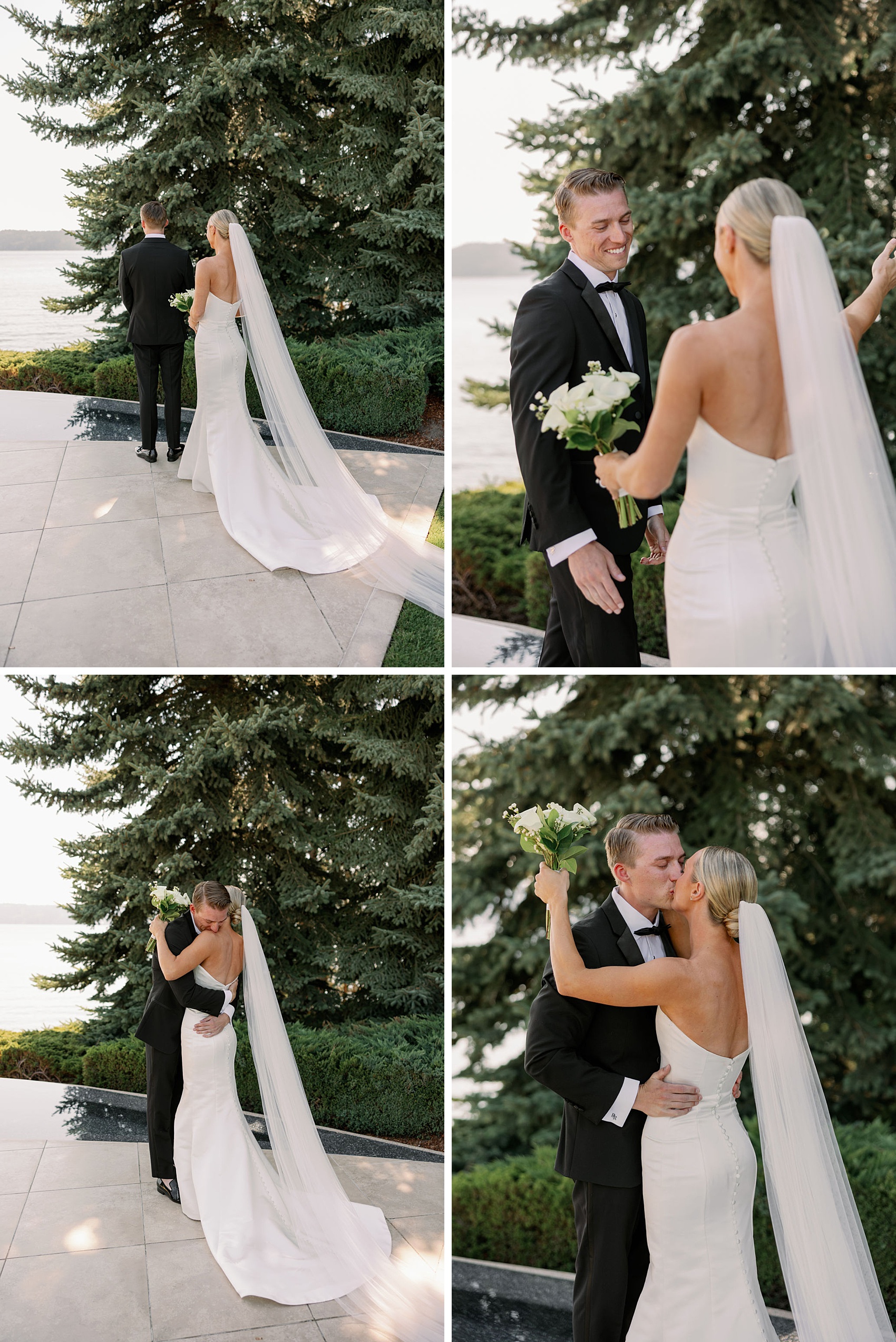 Newlyweds kiss and hug during their first look overlooking the lake at the Hagadone Event Center Wedding venue