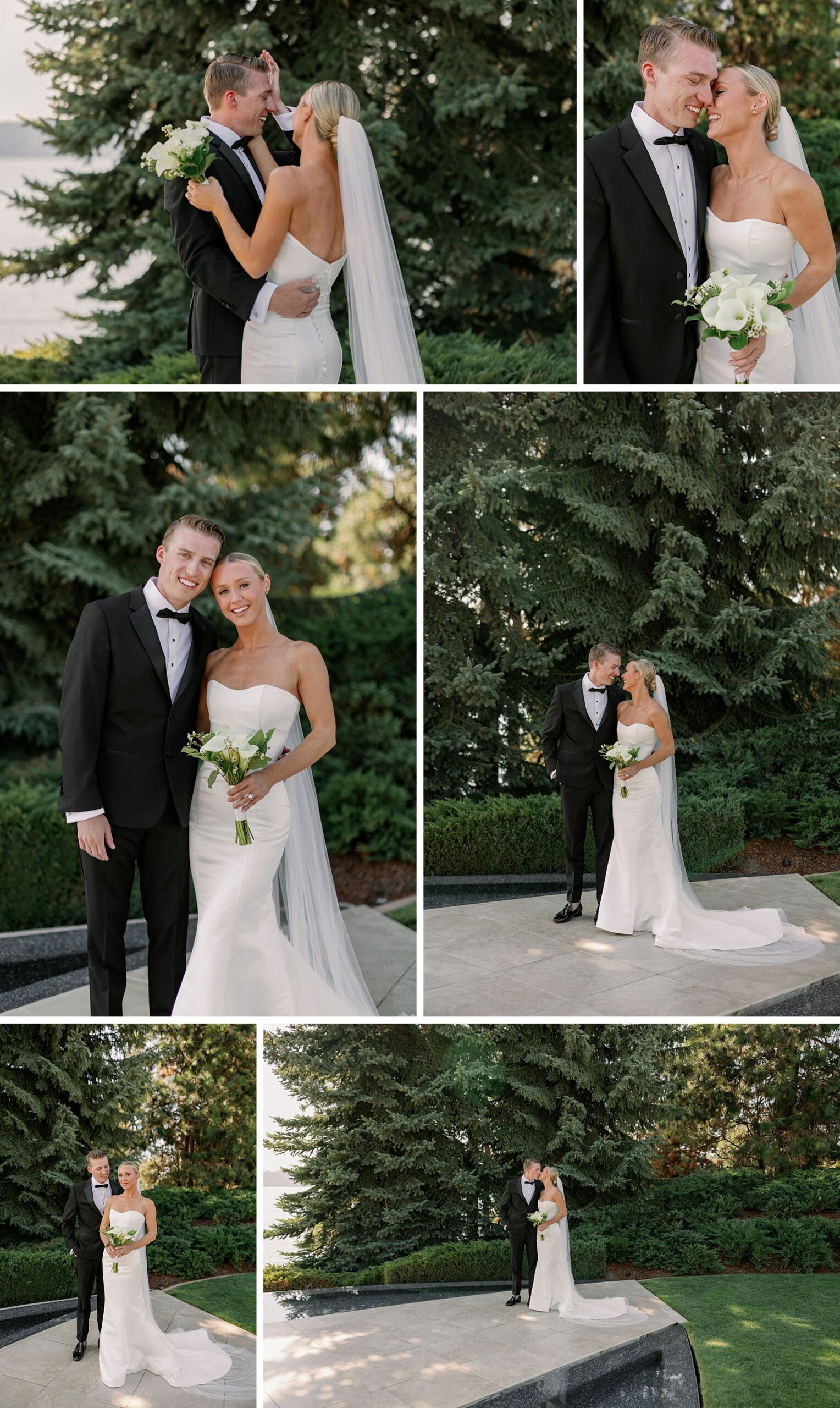 Happy newlyweds kiss, snuggle and embrace while walking through a garden at their Hagadone Event Center Wedding