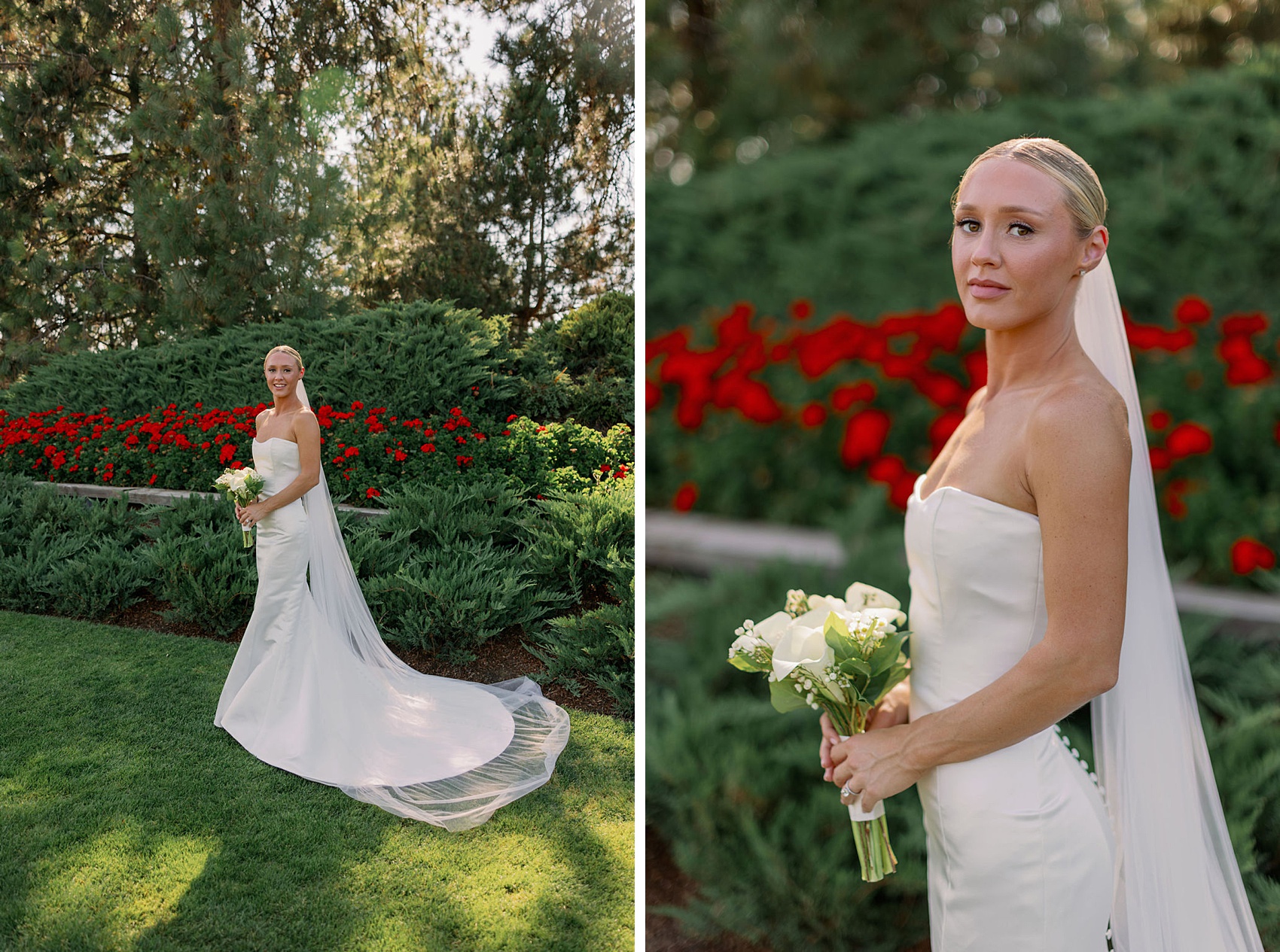 A happy bride walks in a garden with red flowers at sunset holding her white bouquet during her Hagadone Event Center Wedding