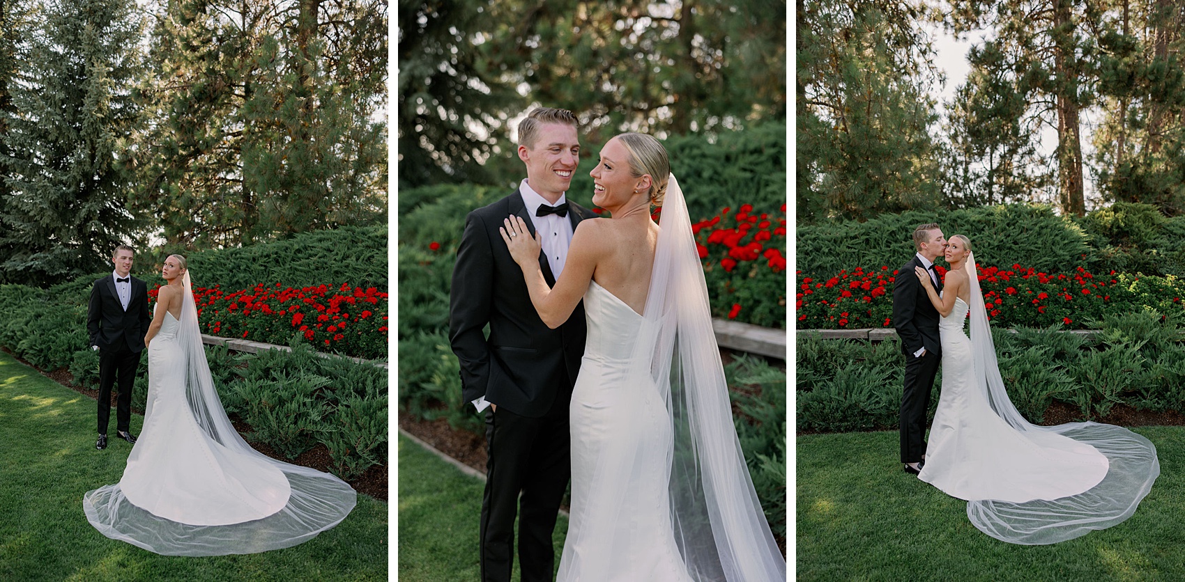 A bride and groom laugh and cuddle in a garden during their Hagadone Event Center Wedding