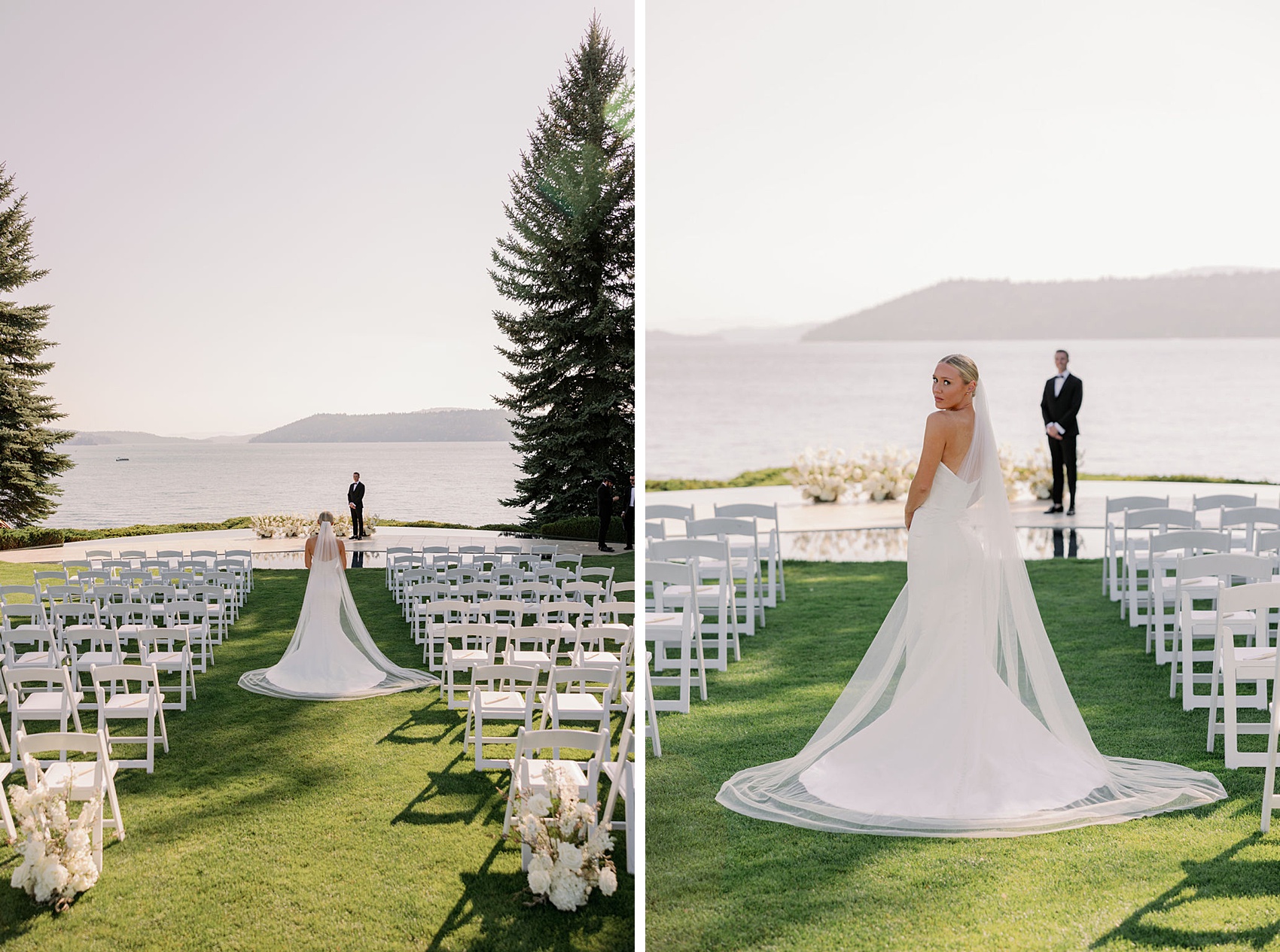 A bride gazes over her shoulder while walking down the empty aisle to her groom during their Hagadone Event Center Wedding