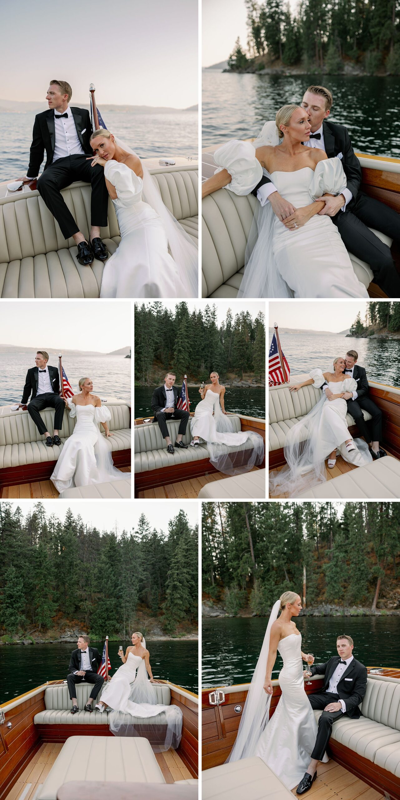A bride and groom relax around the back bench of a wooden speed boat at their Hagadone Event Center Wedding