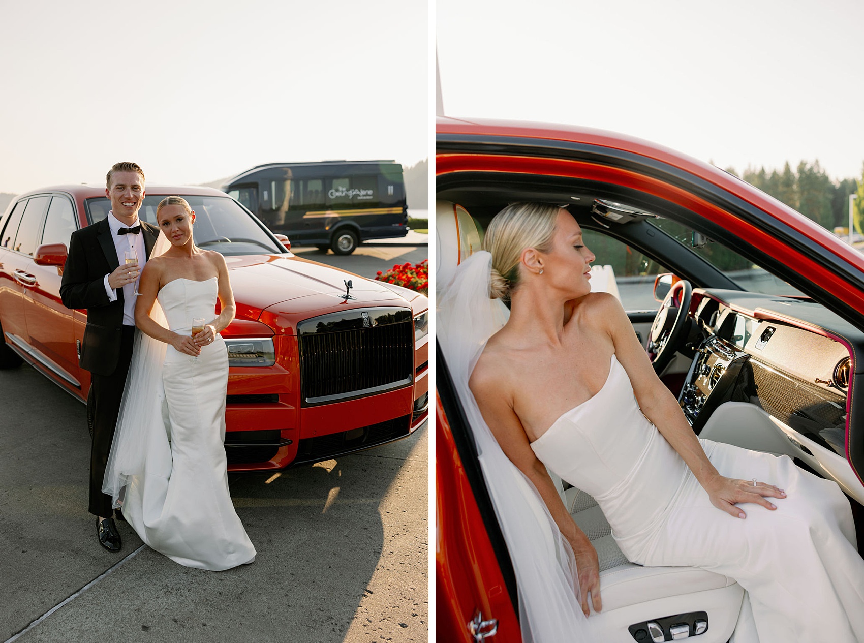 A bride lounges in a red luxury vehicle next to leaning on her groom with champagne