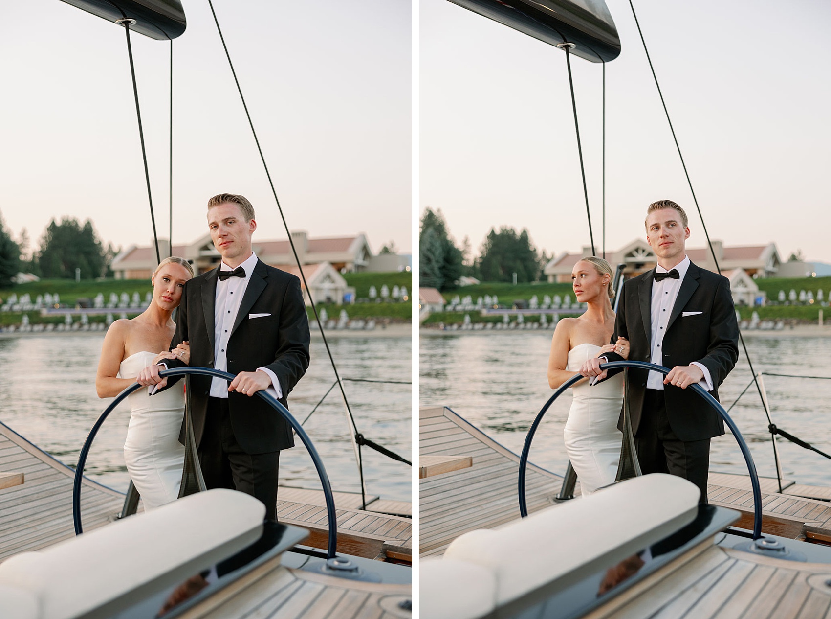 A bride and groom stand at the helm of a sailboat at sunset during their Hagadone Event Center Wedding
