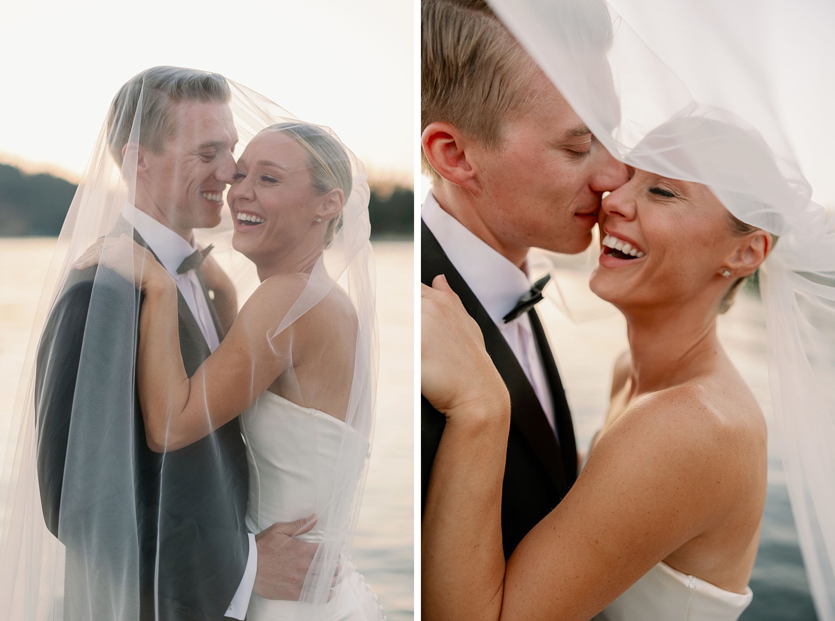 Newlyweds laugh and embrace while standing on a dock at sunset during their Hagadone Event Center Wedding hiding under the long veil