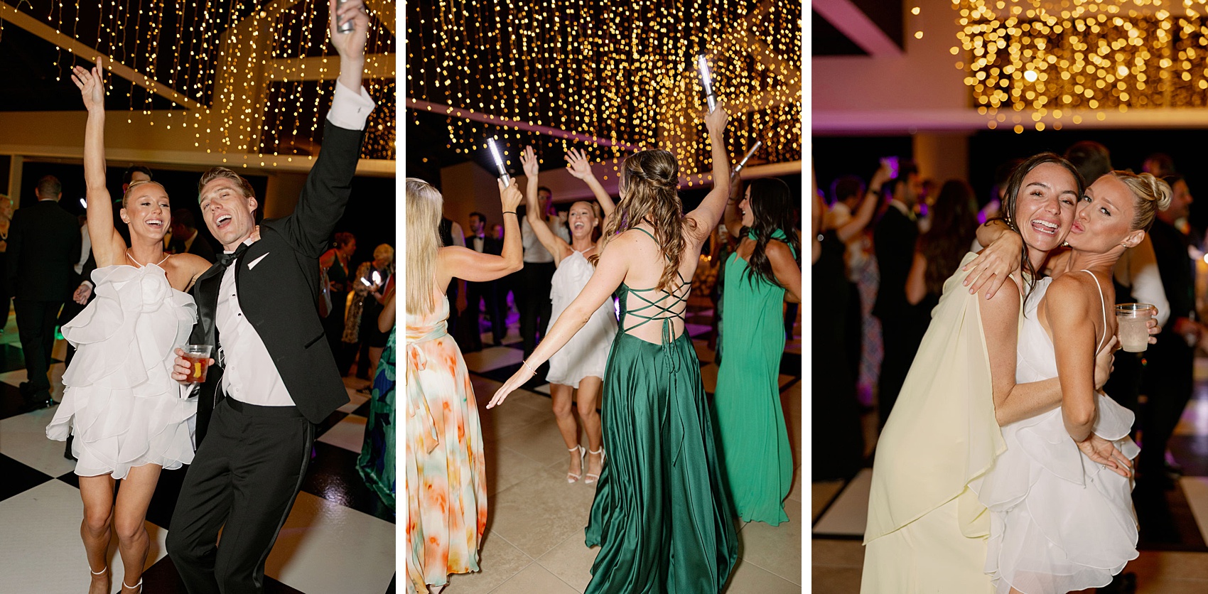 Newlyweds dance and celebrate with friends on the dance floor under string lights