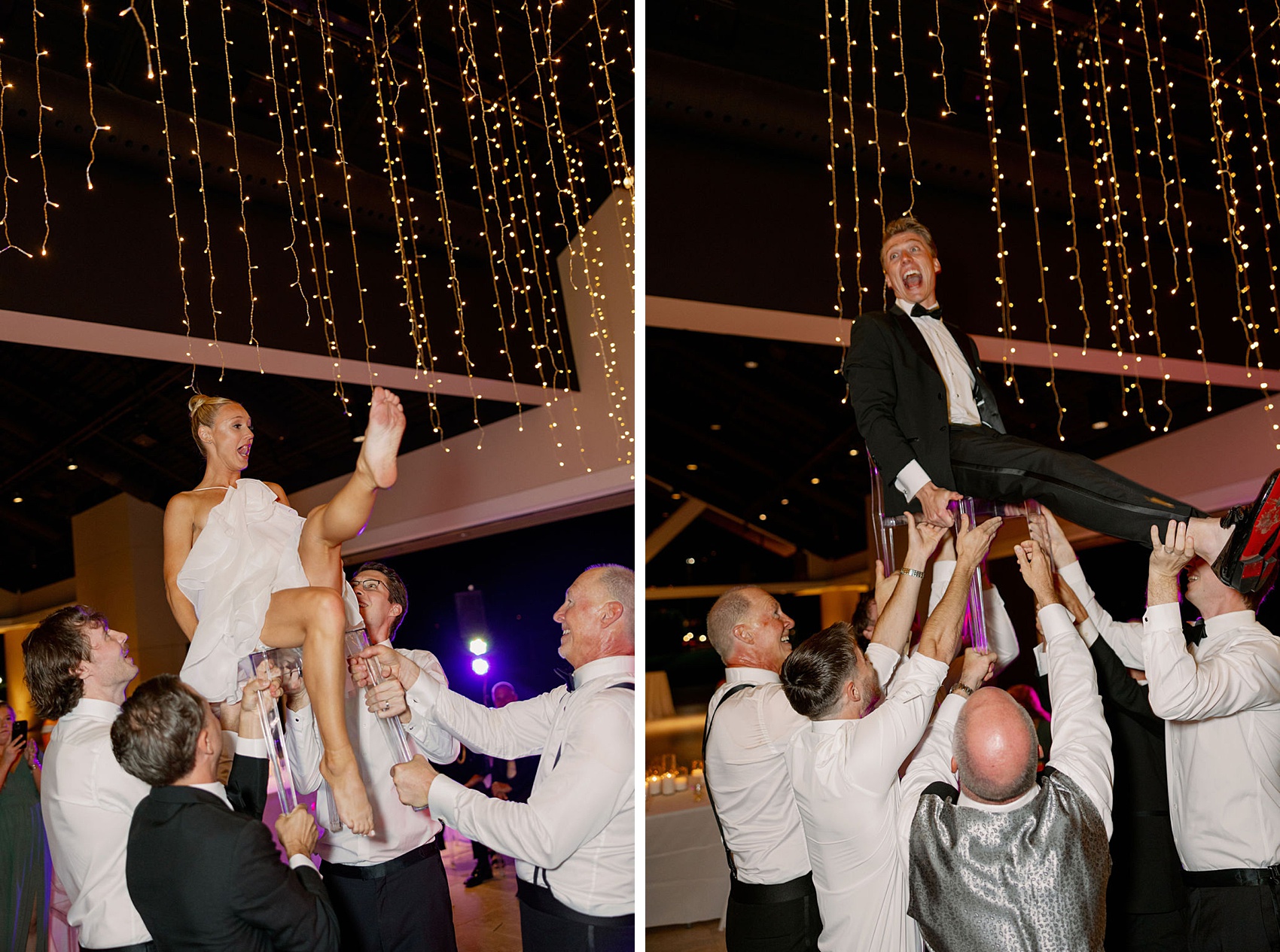 A bride and groom lifted and cheering in clear chairs on the dance floor
