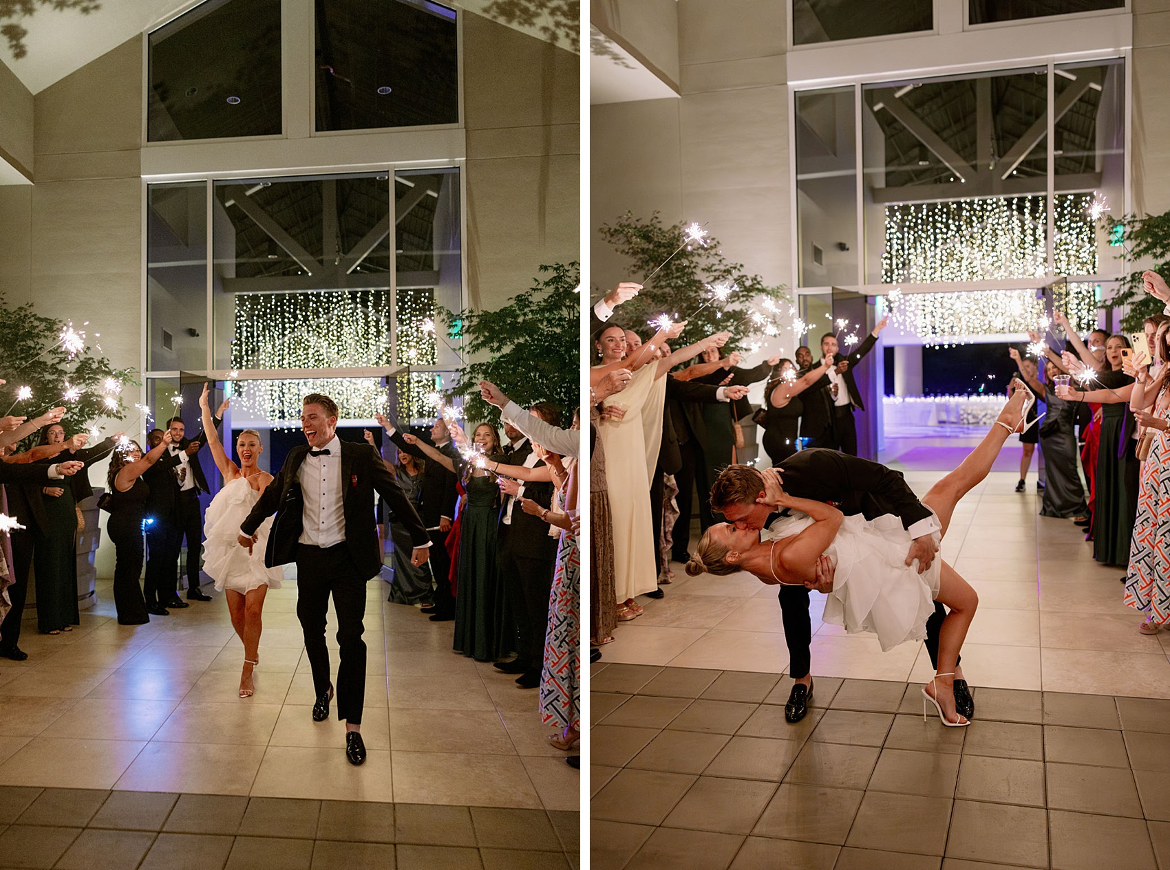 A groom dips his bride for a kiss while entering their cheering Hagadone Event Center Wedding reception under sparklers