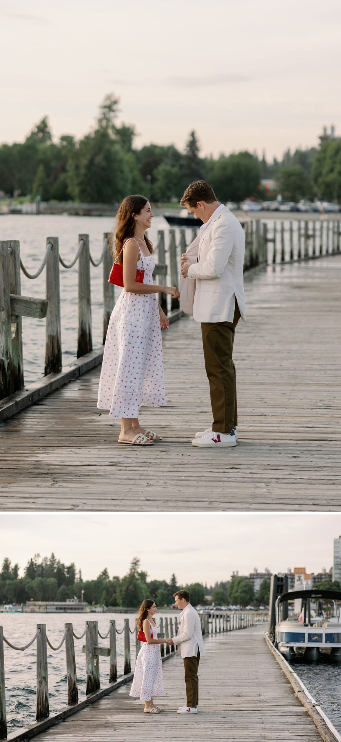 A man reaches into his white suit jacket on a dock while standing with his happy soon to be fiancee