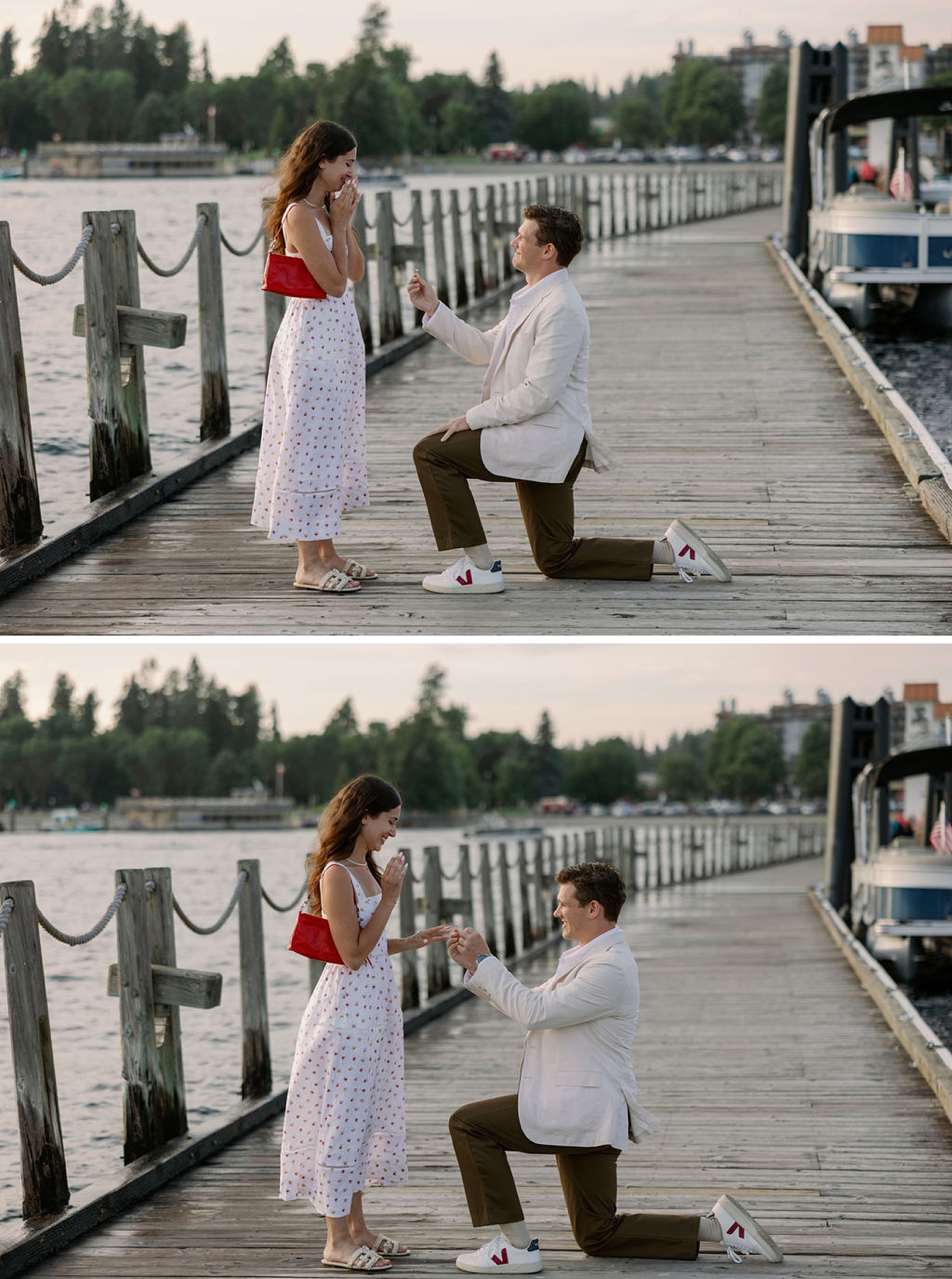 A man in white gets on one knee on a dock with a ring during his proposal in Coeur d’Alene