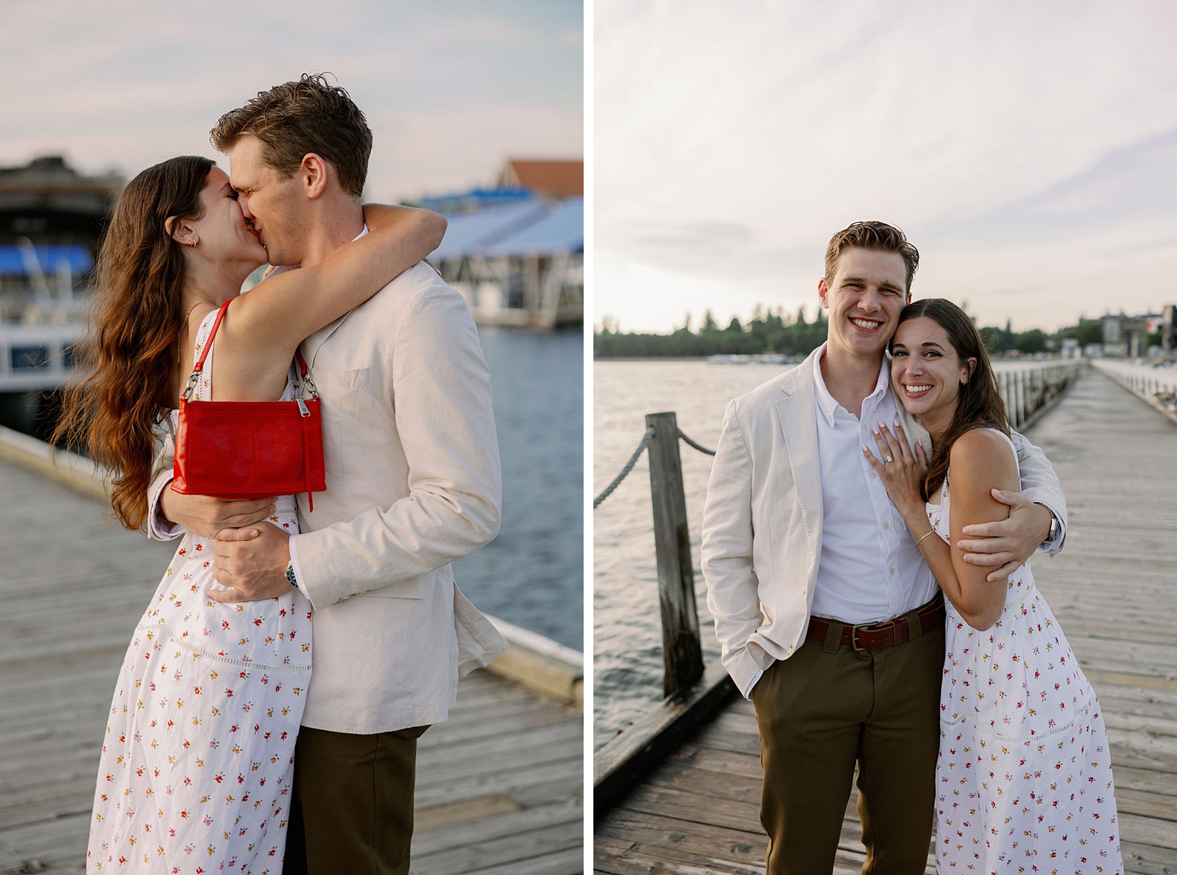 A happy couple embrace for a kiss and hug on a dock at sunset during their proposal in Coeur d’Alene