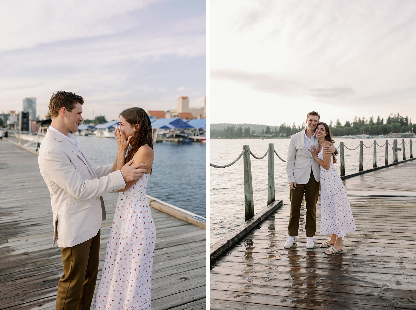 A woman wipes away happy tears on a dock during her proposal in Coeur d’Alene next to the couple hugging