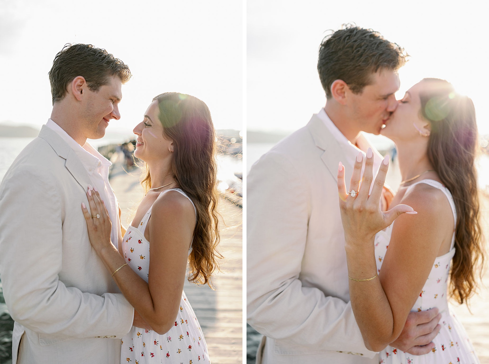 A newly engaged couple kiss and smile at each other on a dock during their proposal in Coeur d’Alene