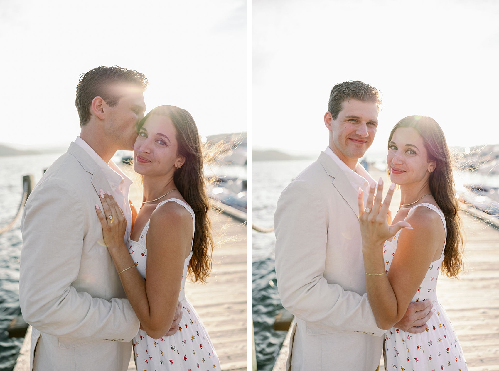 A happy couple snuggle and show off the ring during their engagement session on a dock at sunset