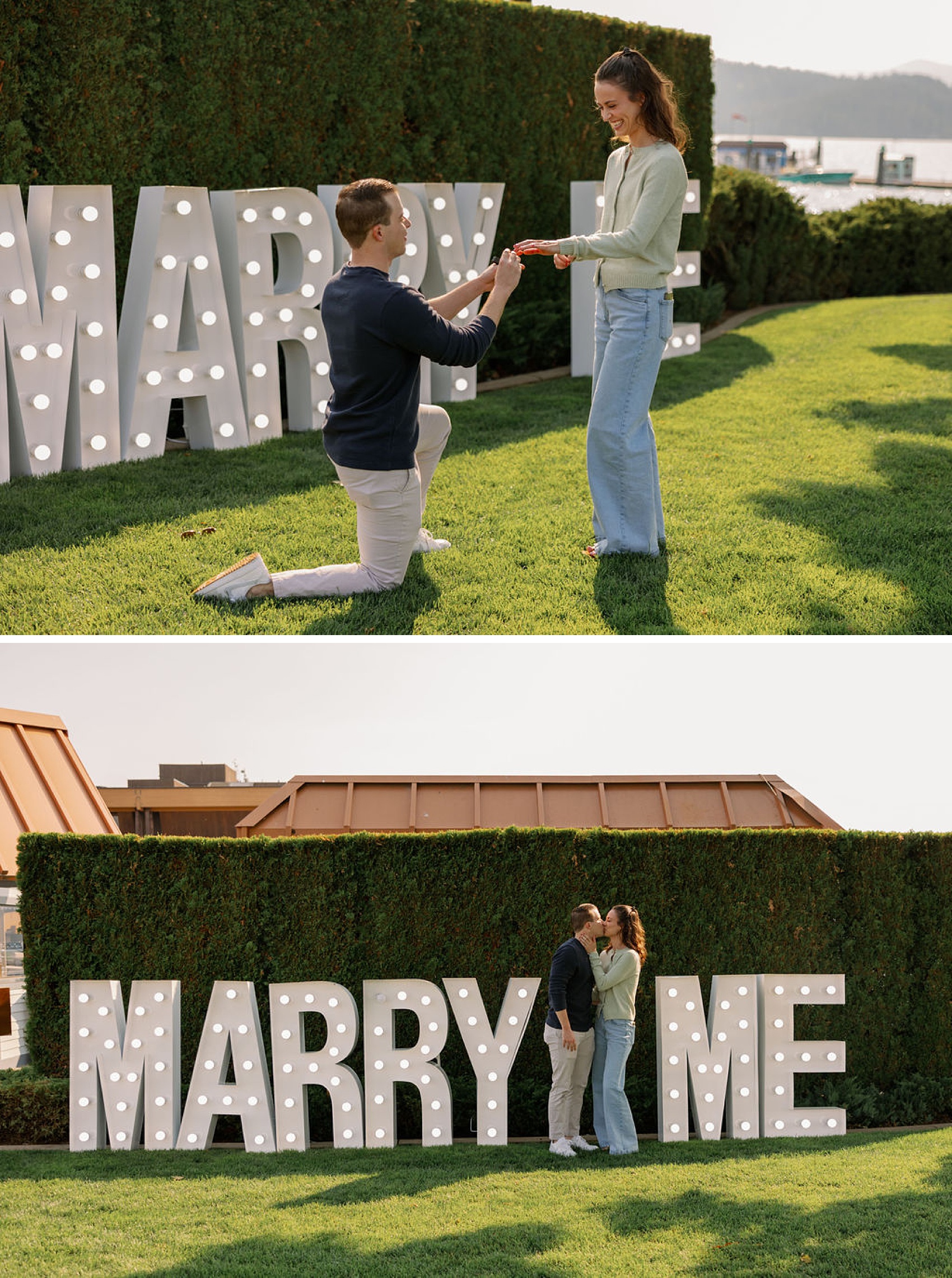A man on one knee puts the ring on a woman standing in front of marry me marquee letters during their proposal in Coeur d’Alene